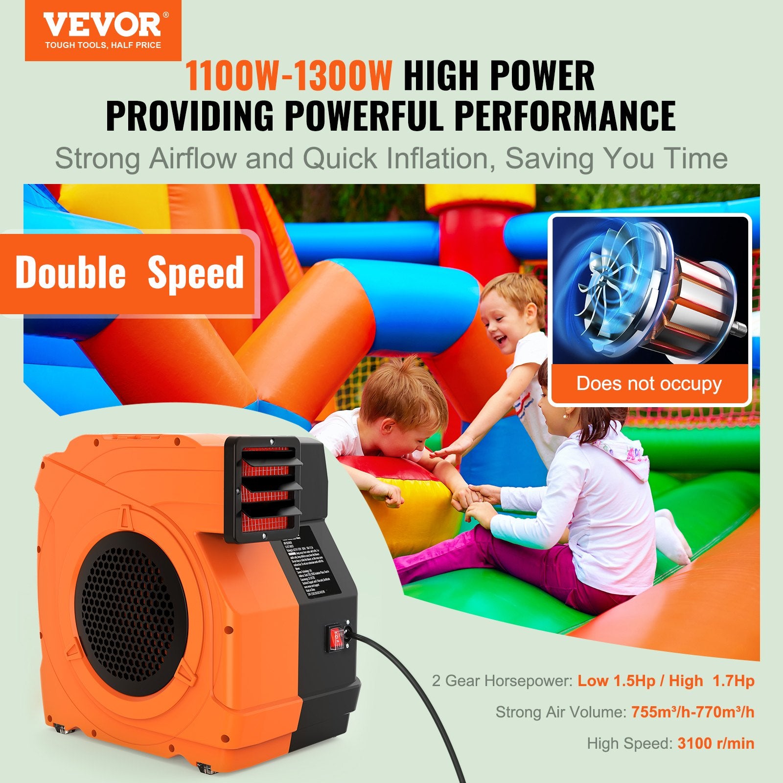 Gardening Tools: VEVOR Inflatable Blower, 1100W, 1.5 & 1.7 HP Bounce House Blower, Pump Commercial Air Blower for Inflatables, 3100 RPM Bouncy Castle Electric Fan for Bounce House, Waterslides, Tested to UL Standards