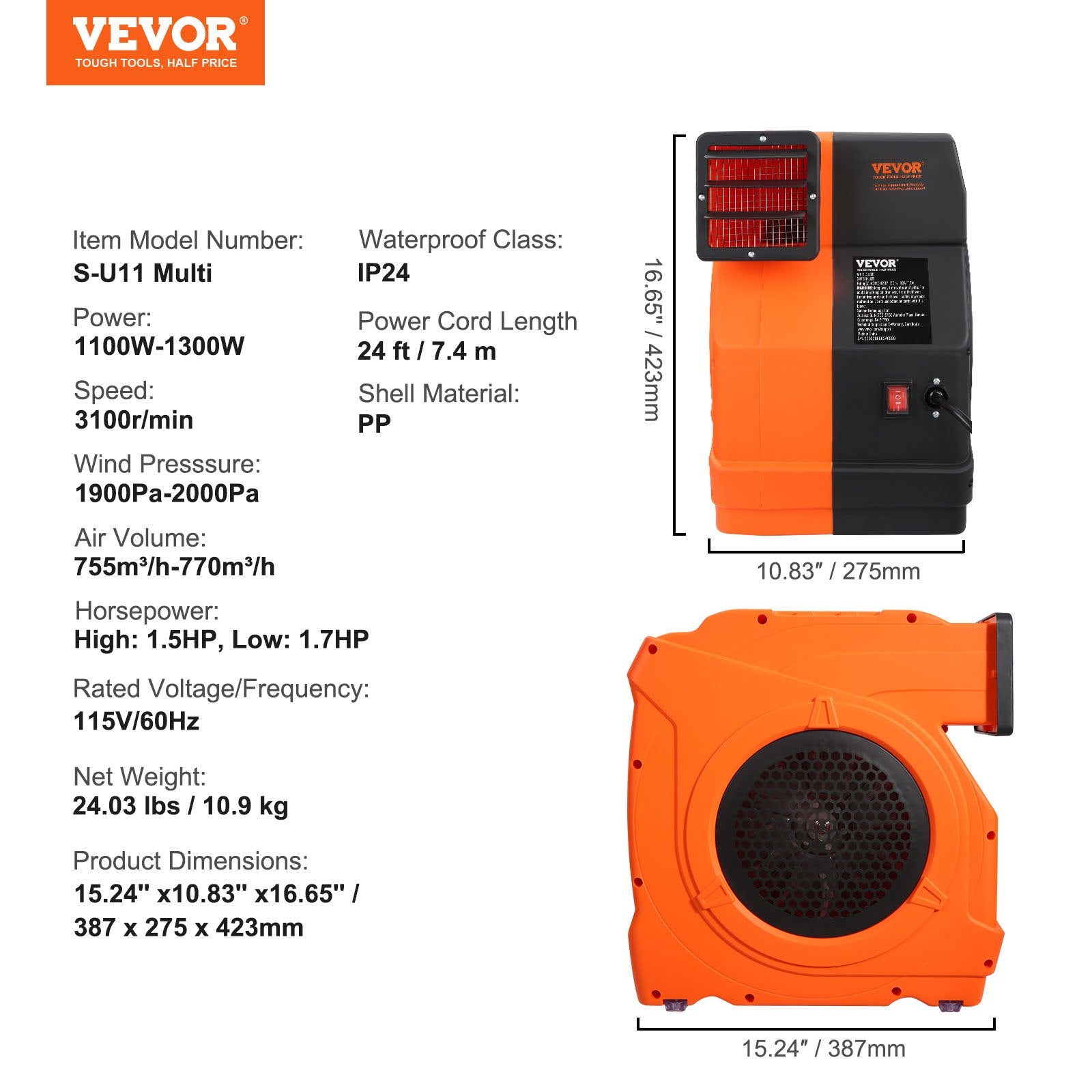 Gardening Tools: VEVOR Inflatable Blower, 1100W, 1.5 & 1.7 HP Bounce House Blower, Pump Commercial Air Blower for Inflatables, 3100 RPM Bouncy Castle Electric Fan for Bounce House, Waterslides, Tested to UL Standards