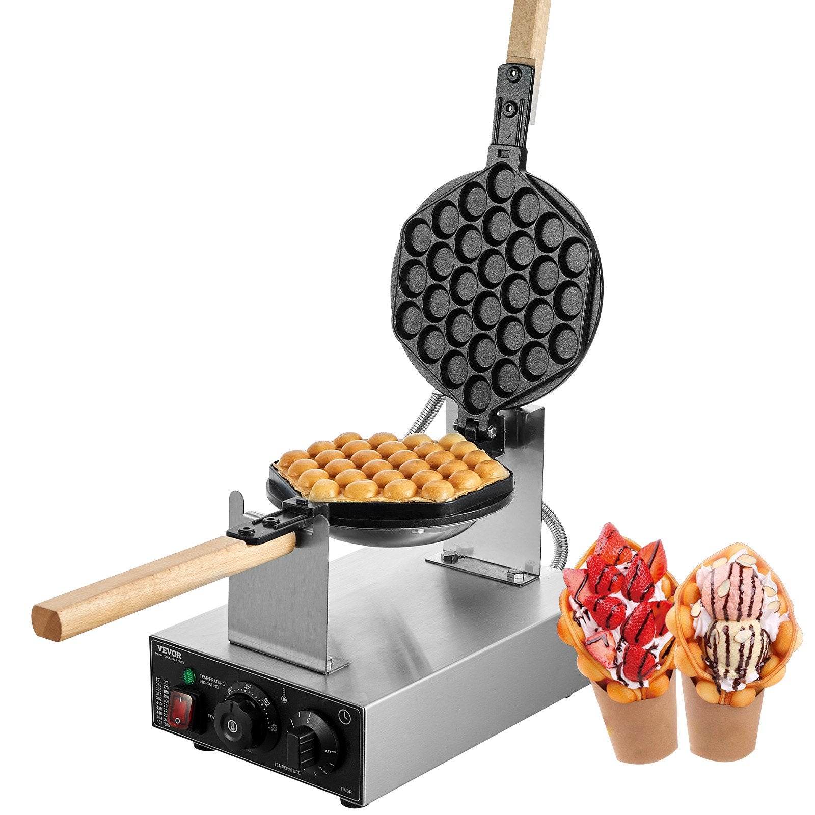 Commercial Bubble Waffle Maker, 1400W Egg Pancake Baker Machine, Non-Stick Stainless Steel Egg Bubble Puff, 180° Rotatable, Temp and Time Control, Wooden Handle, for Restaurant Bakery Snack Bar