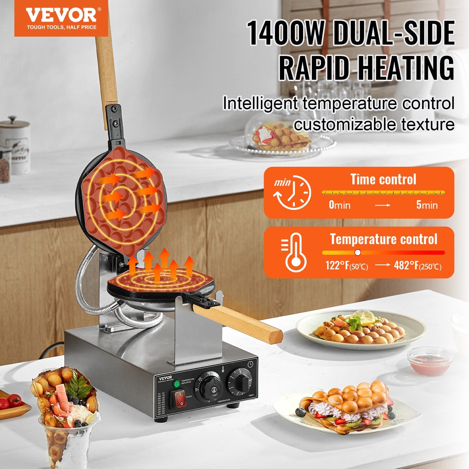 Commercial Bubble Waffle Maker, 1400W Egg Pancake Baker Machine, Non-Stick Stainless Steel Egg Bubble Puff, 180° Rotatable, Temp and Time Control, Wooden Handle, for Restaurant Bakery Snack Bar