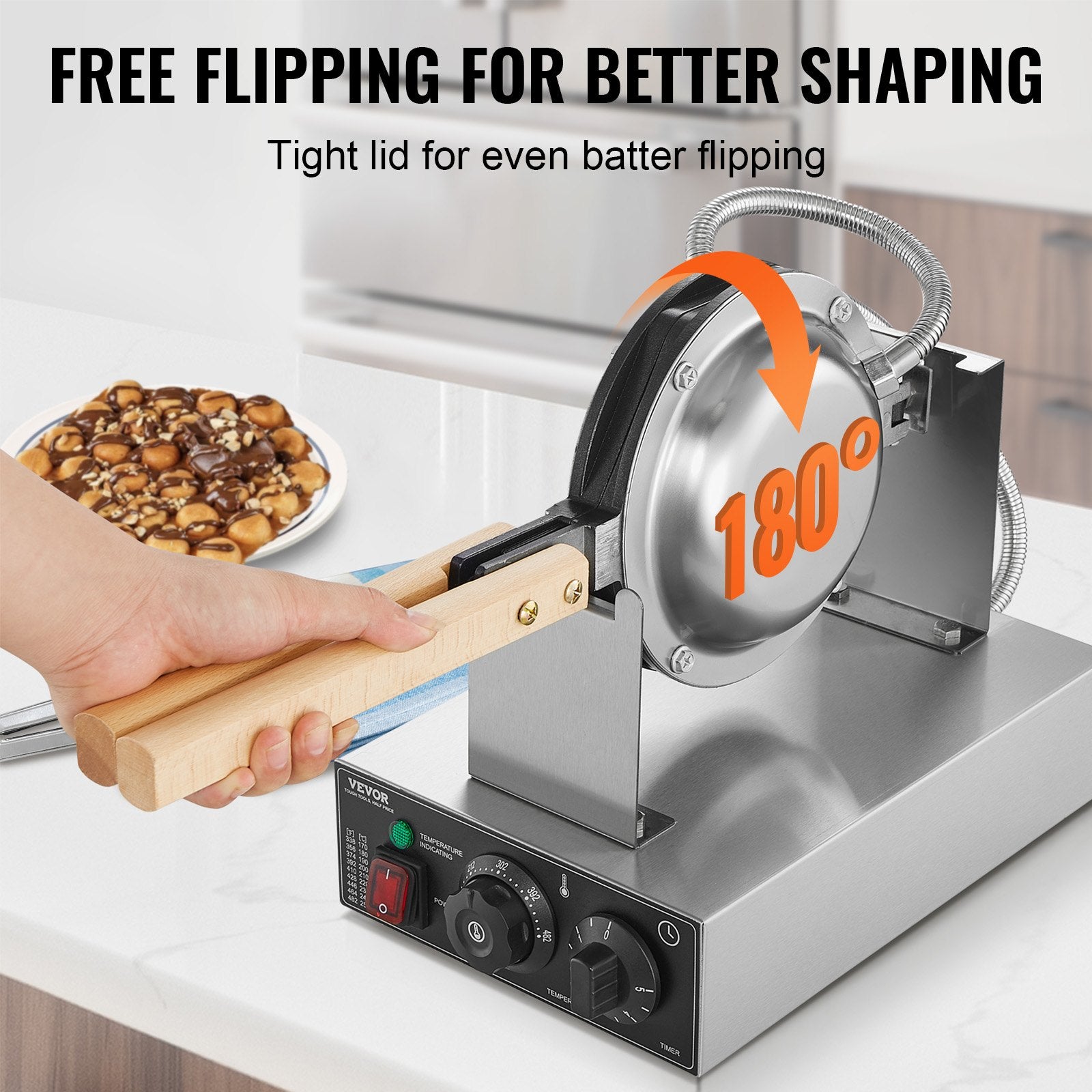 Commercial Bubble Waffle Maker, 1400W Egg Pancake Baker Machine, Non-Stick Stainless Steel Egg Bubble Puff, 180° Rotatable, Temp and Time Control, Wooden Handle, for Restaurant Bakery Snack Bar