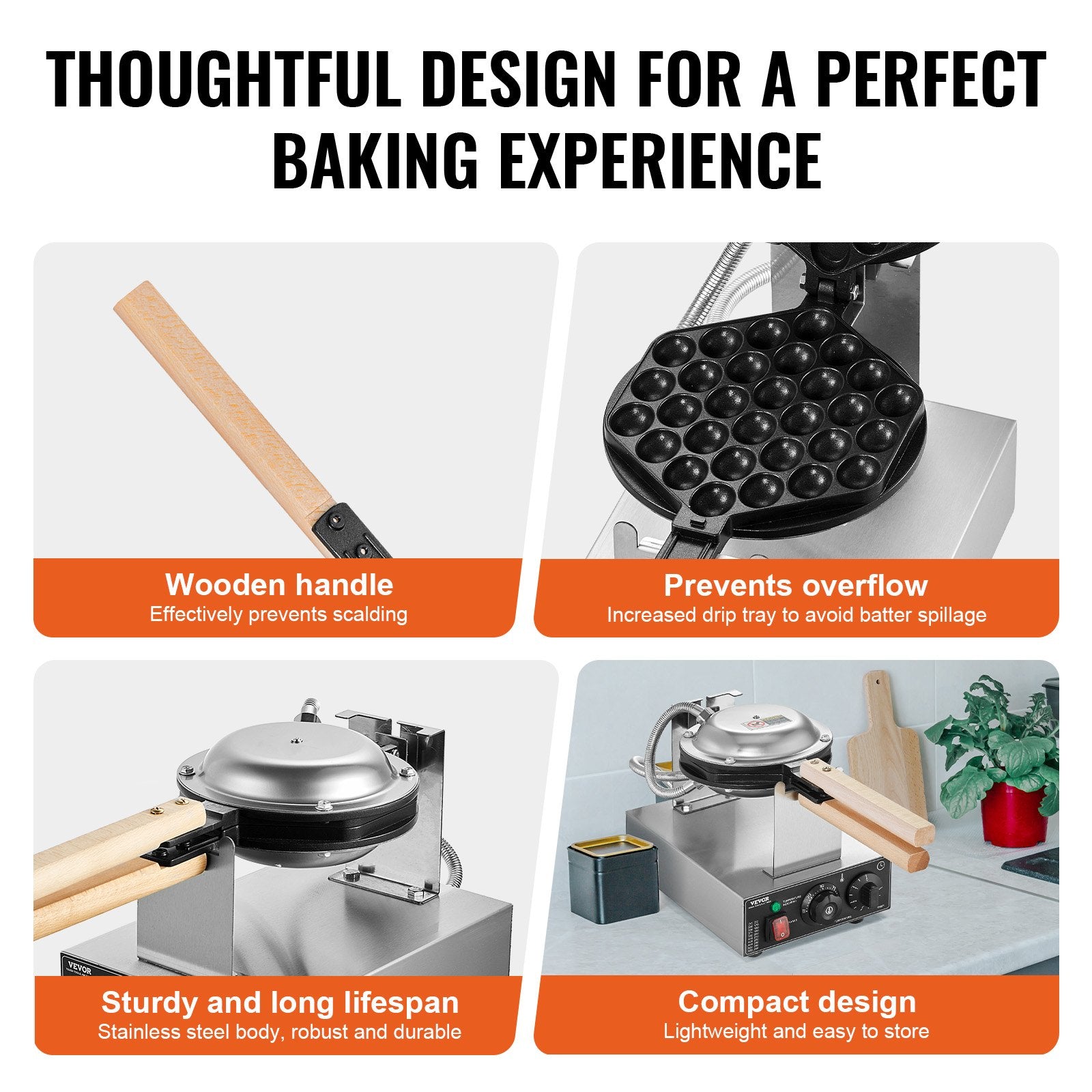 Commercial Bubble Waffle Maker, 1400W Egg Pancake Baker Machine, Non-Stick Stainless Steel Egg Bubble Puff, 180° Rotatable, Temp and Time Control, Wooden Handle, for Restaurant Bakery Snack Bar