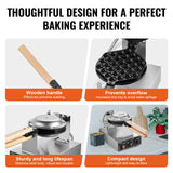 Rice Cookers & Steamers: VEVOR Commercial Bubble Waffle Maker, 1400W Egg Pancake Baker Machine, Non-Stick Stainless Steel Egg Bubble Puff, 180° Rotatable, Temp and Time Control, Wooden Handle, for Restaurant Bakery Snack Bar