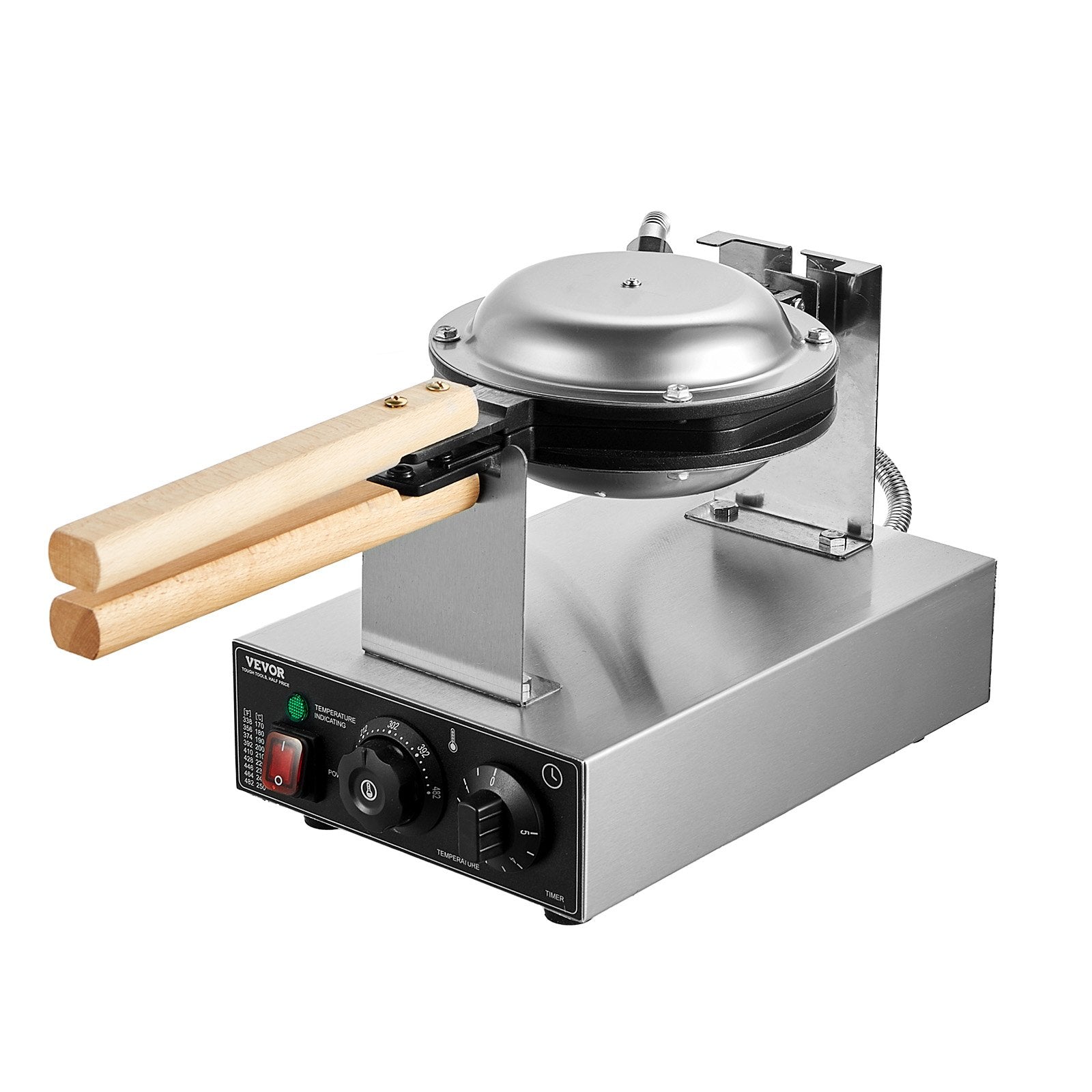 Commercial Bubble Waffle Maker, 1400W Egg Pancake Baker Machine, Non-Stick Stainless Steel Egg Bubble Puff, 180° Rotatable, Temp and Time Control, Wooden Handle, for Restaurant Bakery Snack Bar