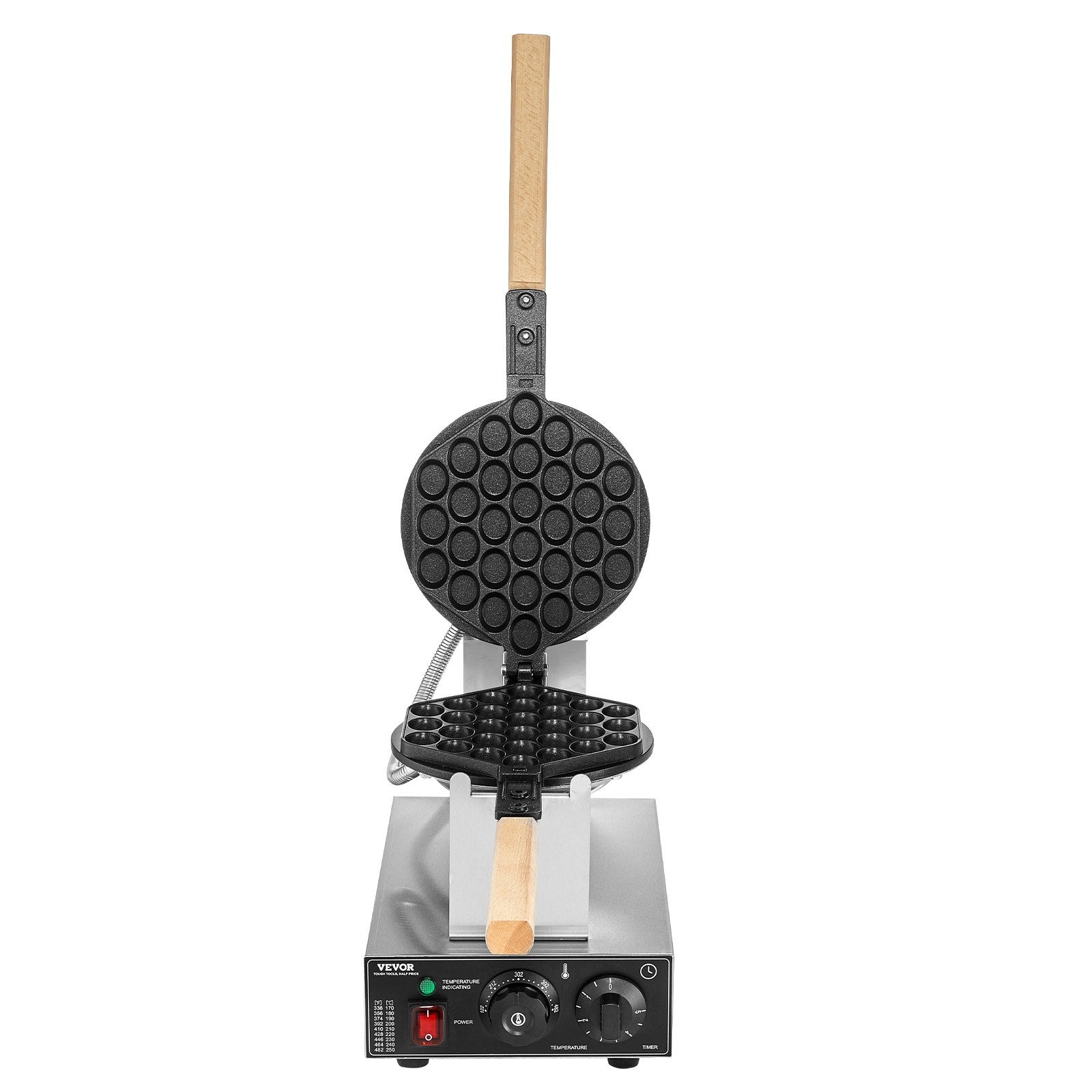 Commercial Bubble Waffle Maker, 1400W Egg Pancake Baker Machine, Non-Stick Stainless Steel Egg Bubble Puff, 180° Rotatable, Temp and Time Control, Wooden Handle, for Restaurant Bakery Snack Bar