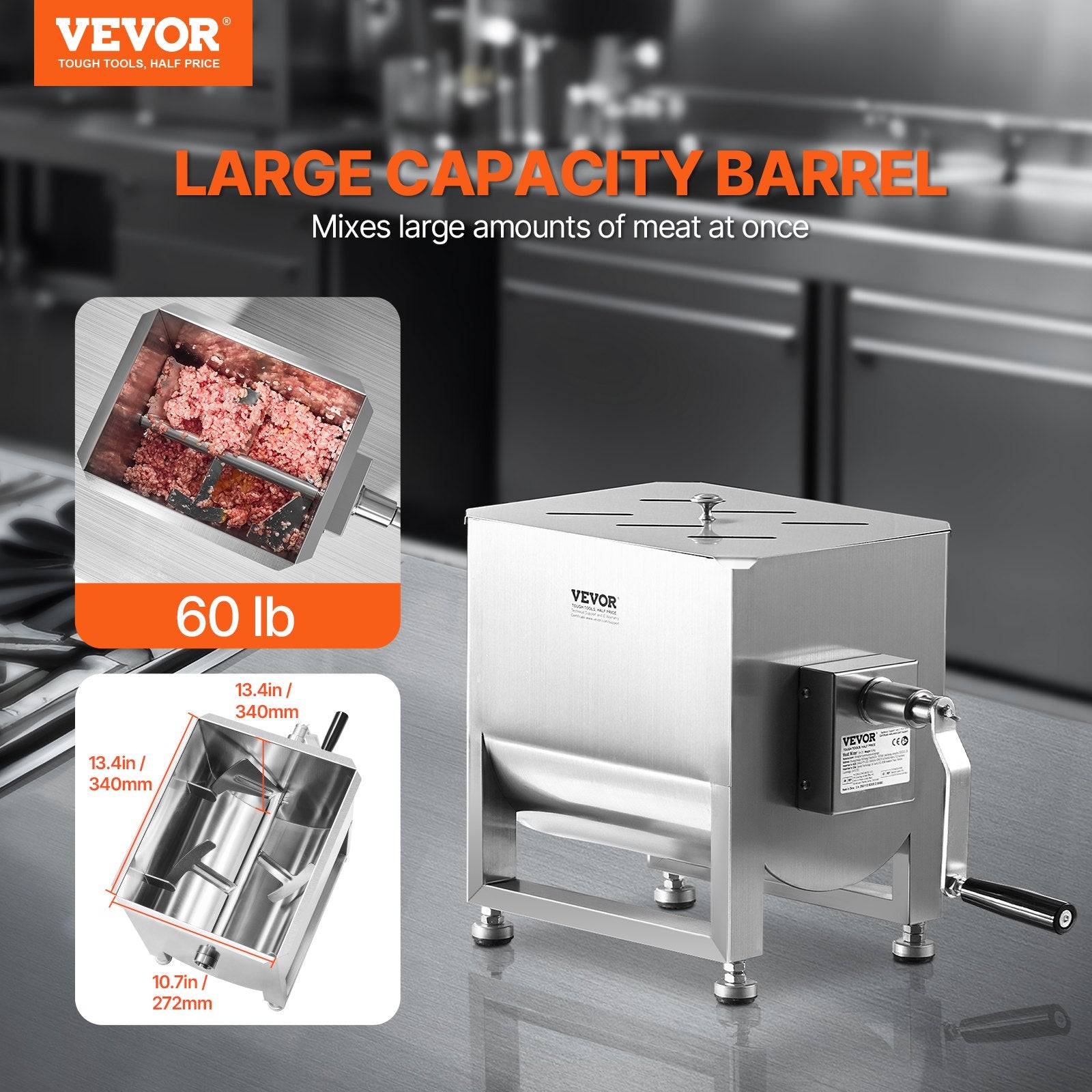 Manual Meat Mixer, 60L Fixed Tank Meat Processing Equipment(Mixing Max 60LBS for Meat), Stainless Steel Meat Mixer, Sausage Mixer Machine with Lid Handle Gear Reducer, Ground Beef Hand Mixer