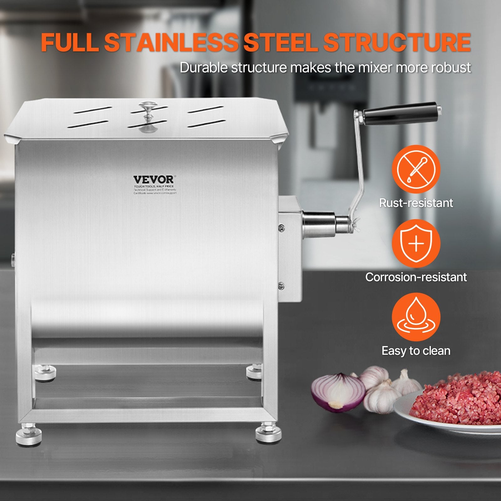 Manual Meat Mixer, 60L Fixed Tank Meat Processing Equipment(Mixing Max 60LBS for Meat), Stainless Steel Meat Mixer, Sausage Mixer Machine with Lid Handle Gear Reducer, Ground Beef Hand Mixer