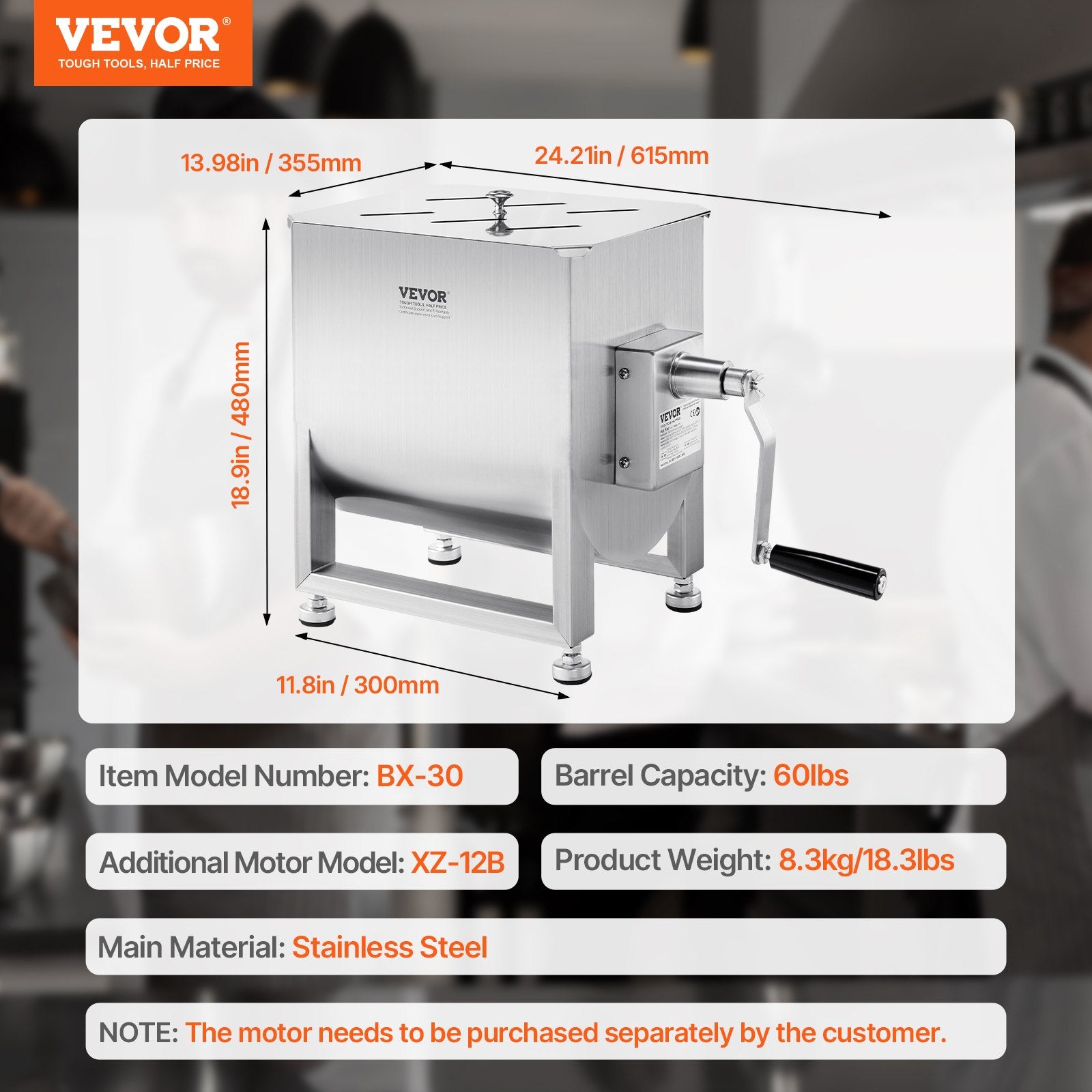 Manual Meat Mixer, 60L Fixed Tank Meat Processing Equipment(Mixing Max 60LBS for Meat), Stainless Steel Meat Mixer, Sausage Mixer Machine with Lid Handle Gear Reducer, Ground Beef Hand Mixer