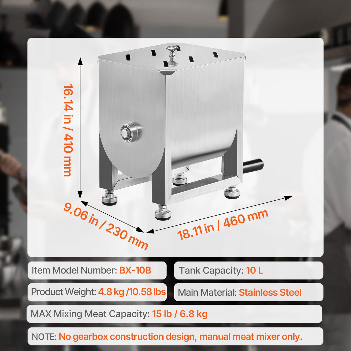 Manual Meat Mixer, 10L Fixed Tank Meat Processing Equipment(Mixing Maximum 15LBS for Meat), Stainless Steel Meat Mixer, Sausage Mixer Machine with Lid and Handle, Ground Beef Hand Mixer