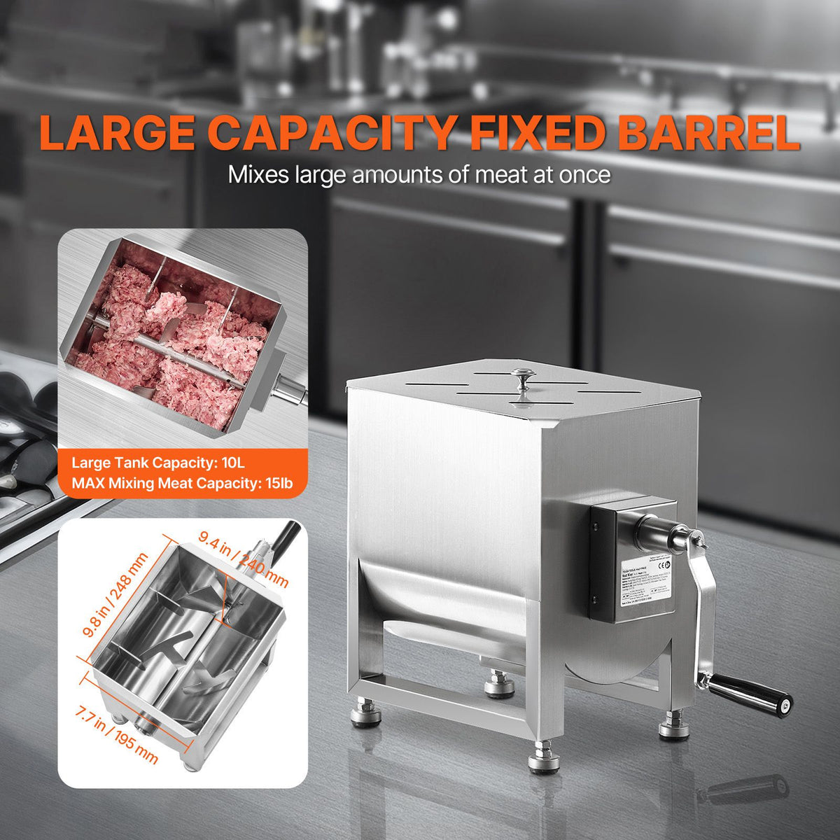 Manual Meat Mixer, 10L Fixed Tank Meat Processing Equipment(Mixing Max 15LBS for Meats), Stainless Steel Sausage Mixer Machine with Lid Handle Gear Reducer, Ground Beef Hand Mixers