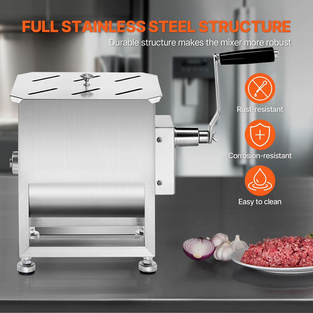 Manual Meat Mixer, 10L Fixed Tank Meat Processing Equipment(Mixing Max 15LBS for Meats), Stainless Steel Sausage Mixer Machine with Lid Handle Gear Reducer, Ground Beef Hand Mixers