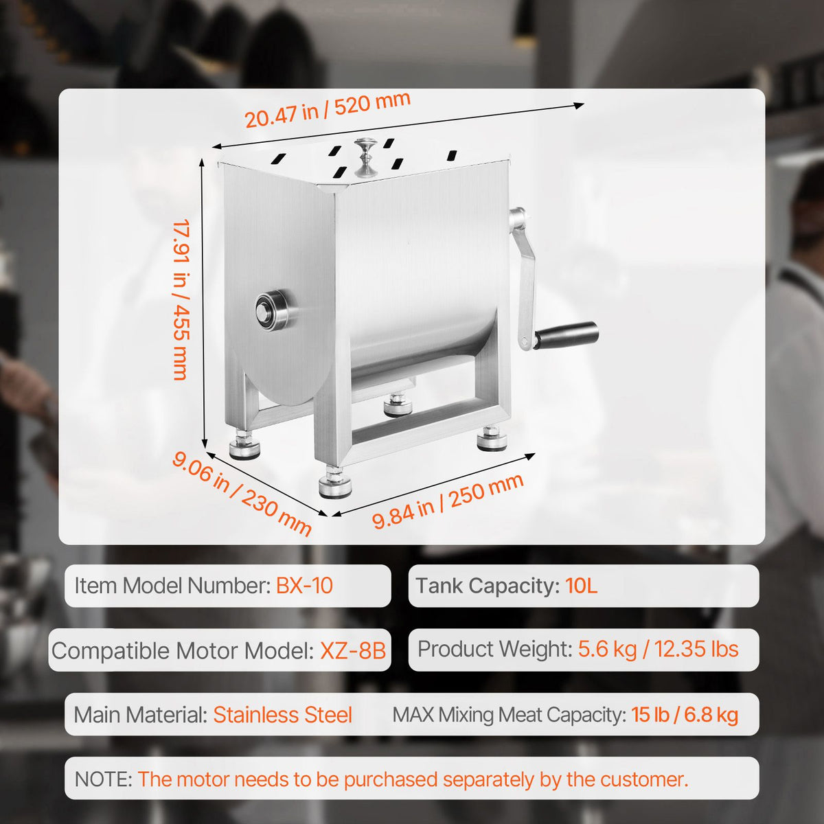 Manual Meat Mixer, 10L Fixed Tank Meat Processing Equipment(Mixing Max 15LBS for Meats), Stainless Steel Sausage Mixer Machine with Lid Handle Gear Reducer, Ground Beef Hand Mixers