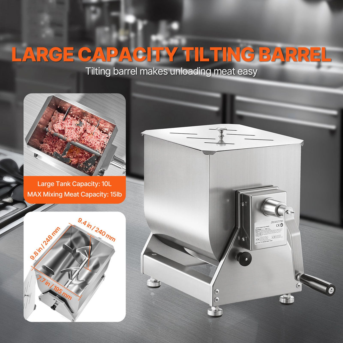 Manual Meat Mixer, 10L Tilt Tank Meat Processing Equipment(Mixing Max 15LBS for Meat), Stainless Steel Meat Mixer, Sausage Mixer Machine with Lid Handle Gear Reducer, Ground Beef Hand Mixer