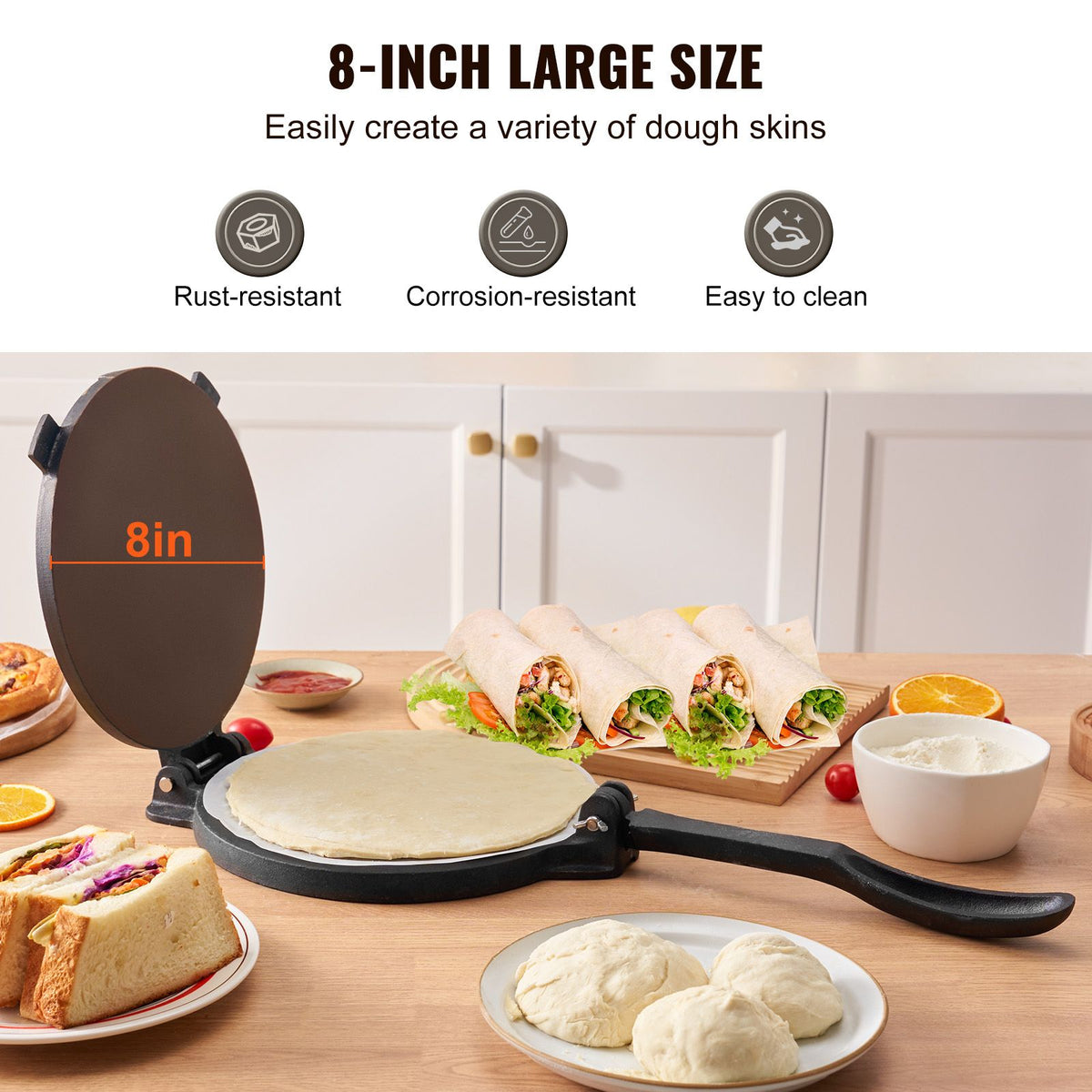Tortilla Press, 8 Inch Tortilla and Roti Maker, Cast Iron Heavy Duty Tortilladora Press, Pre-Seasoned Pataconera Maker with 100 Pcs Parchment Paper, Dough Maker for Flour Tortilla, Tawa, Silver