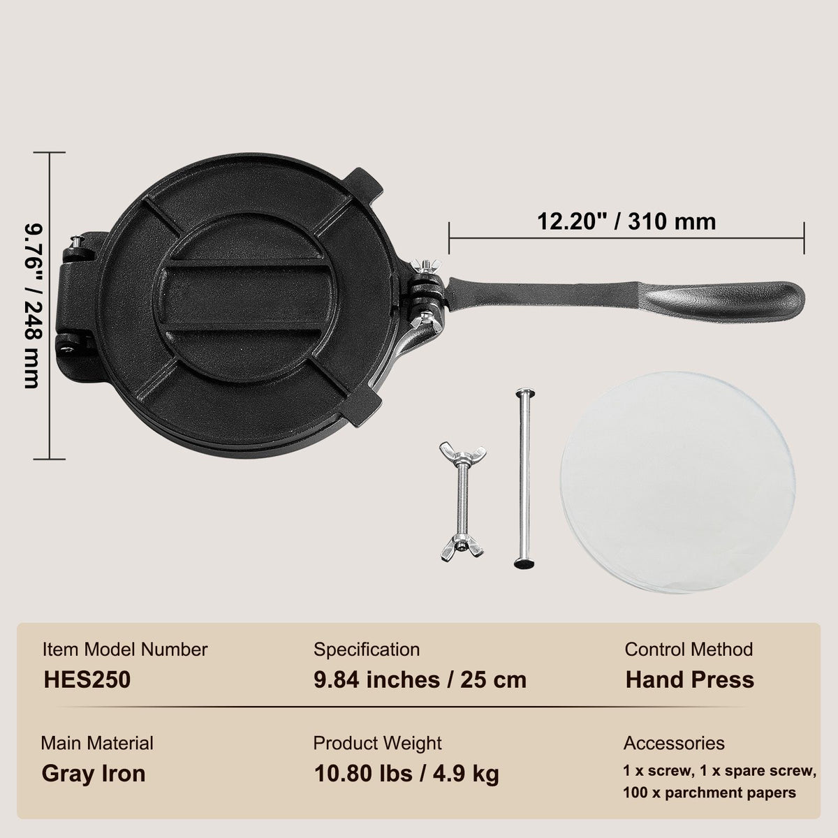 Tortilla Press, 8 Inch Tortilla and Roti Maker, Cast Iron Heavy Duty Tortilladora Press, Pre-Seasoned Pataconera Maker with 100 Pcs Parchment Paper, Dough Maker for Flour Tortilla, Tawa, Silver