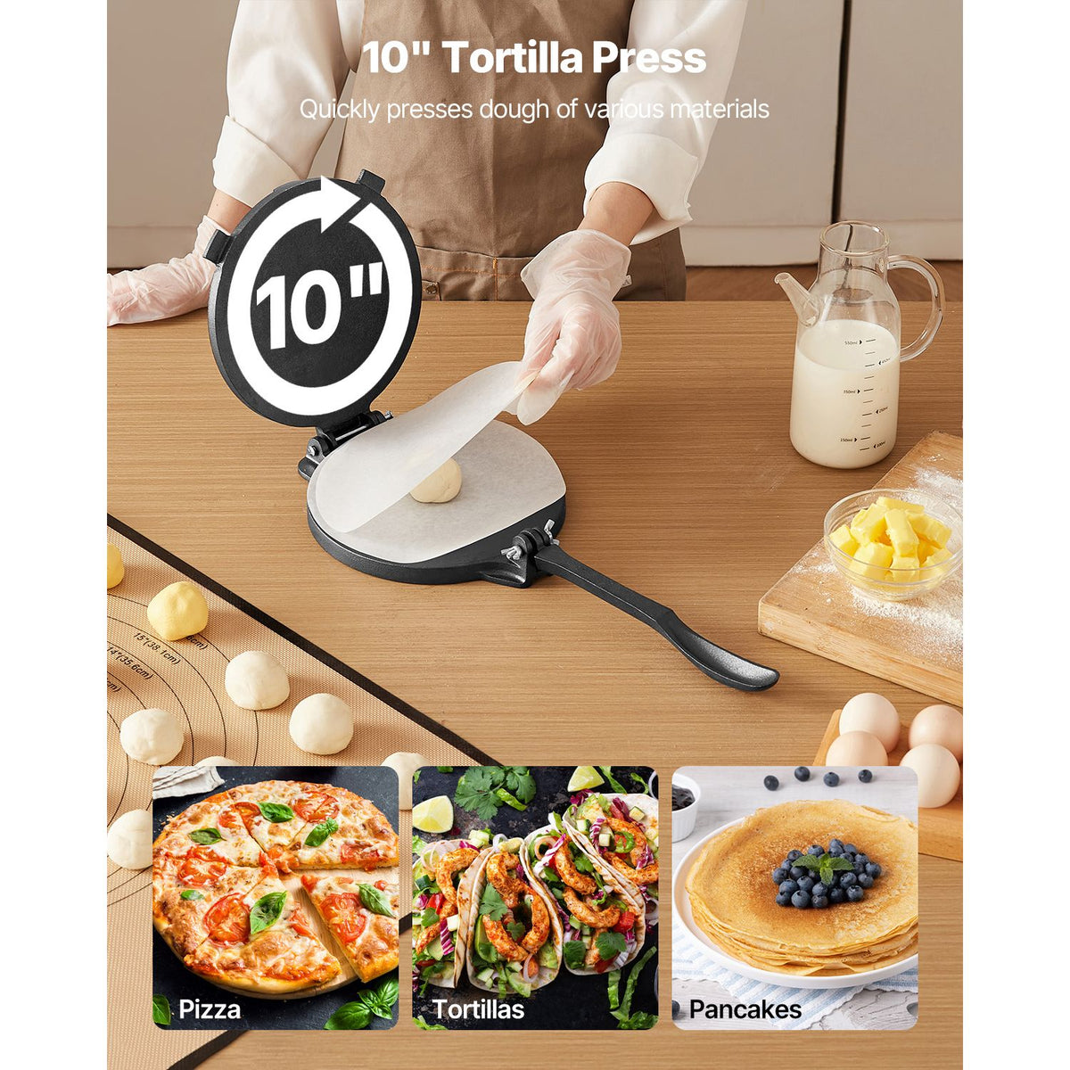 Tortilla Press, 250mm Cast Iron Tortilla and Roti Maker, Heavy Duty Tortilladora Press, Pataconera Makers with Handle and 100 Pcs Parchment Paper, Dough Taco Press for Flour Tortilla, Tawa