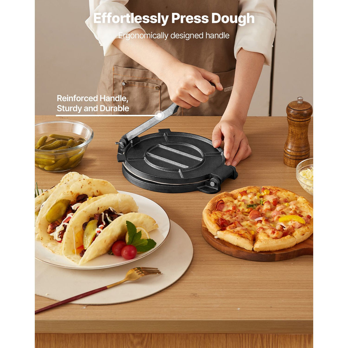 Tortilla Press, 250mm Cast Iron Tortilla and Roti Maker, Heavy Duty Tortilladora Press, Pataconera Makers with Handle and 100 Pcs Parchment Paper, Dough Taco Press for Flour Tortilla, Tawa