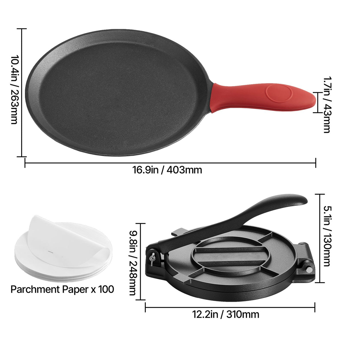 Tortilla Press, 250mm Cast Iron Tortilla and Roti Maker, Heavy Duty Tortilladora Press, Pataconera Makers with Handle and 100 Pcs Parchment Paper, Dough Taco Press for Flour Tortilla, Tawa