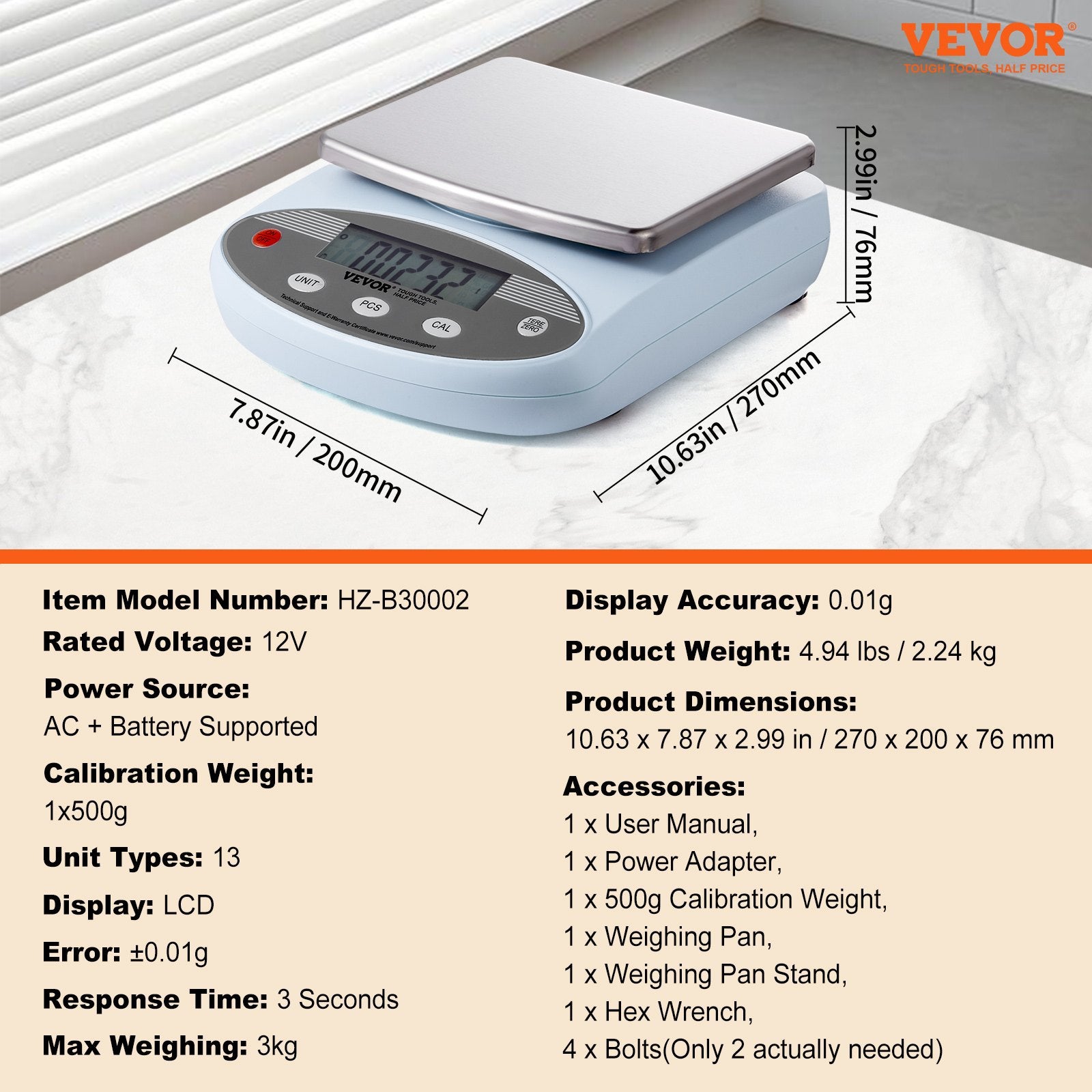 Kitchen Scales: VEVOR Analytical Balance Lab Scale 3000g x 0.01g 13 Units Conversion Electronic
