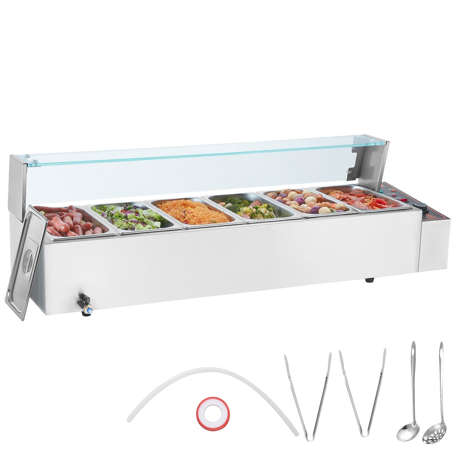 Food Warmers & Chafing Dishes: VEVOR Commercial Electric Food Warmer Countertop Buffet 6*5Qt with Glass Shield