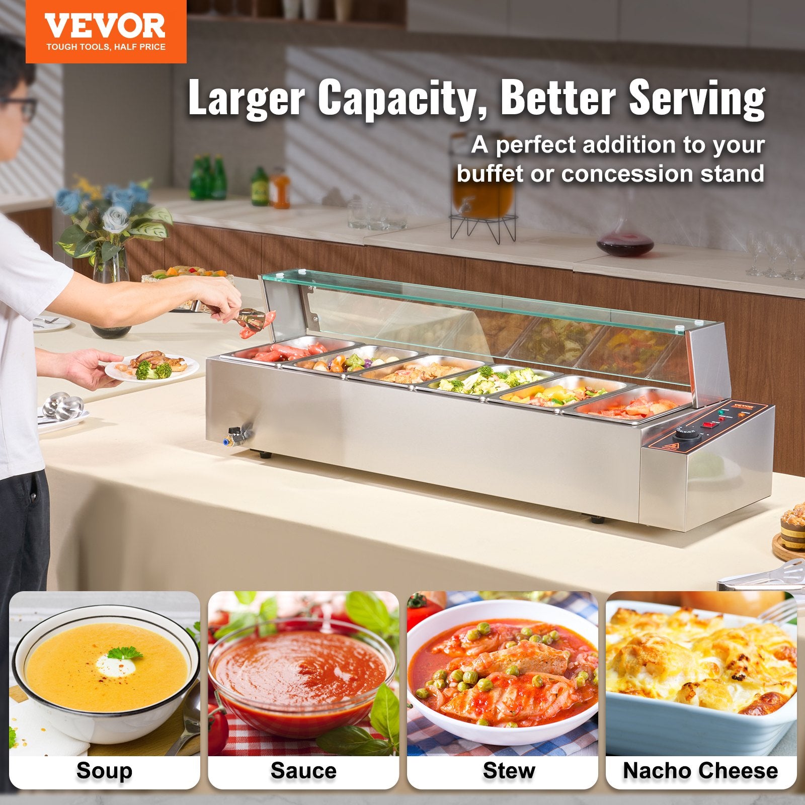 Food Warmers & Chafing Dishes: VEVOR Commercial Electric Food Warmer Countertop Buffet 6*5Qt with Glass Shield