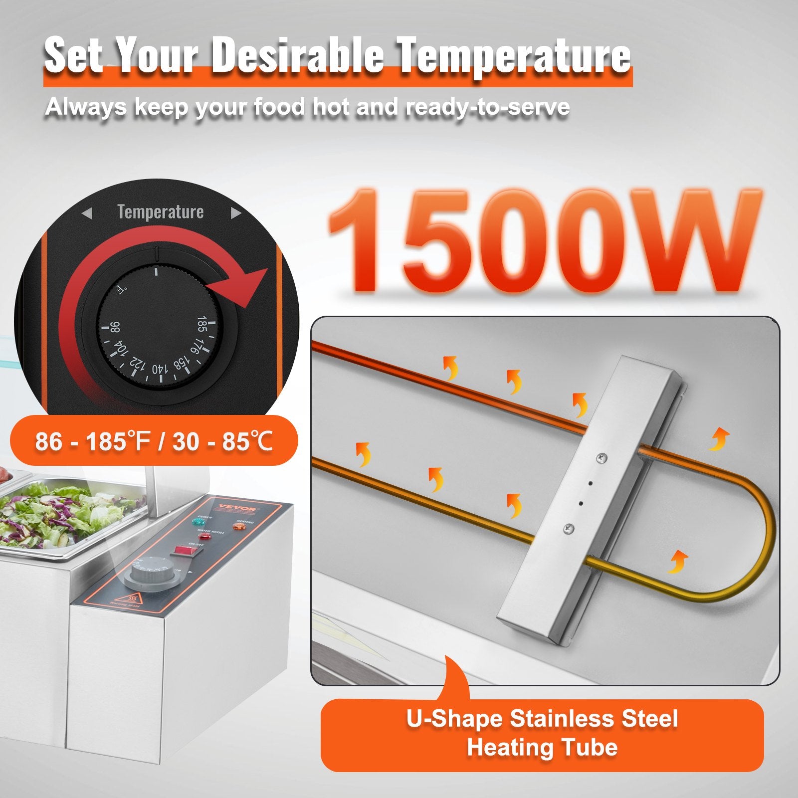 Food Warmers & Chafing Dishes: VEVOR Commercial Electric Food Warmer Countertop Buffet 6*5Qt with Glass Shield