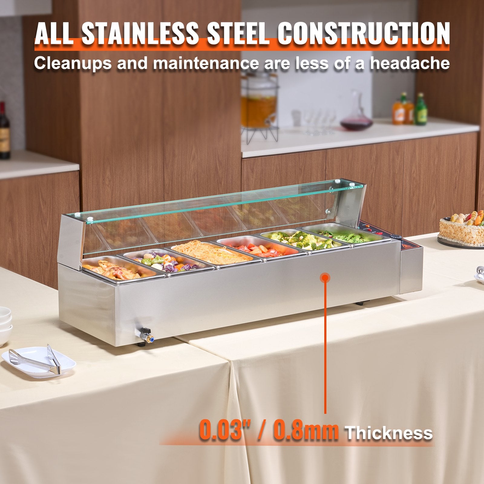Food Warmers & Chafing Dishes: VEVOR Commercial Electric Food Warmer Countertop Buffet 6*5Qt with Glass Shield