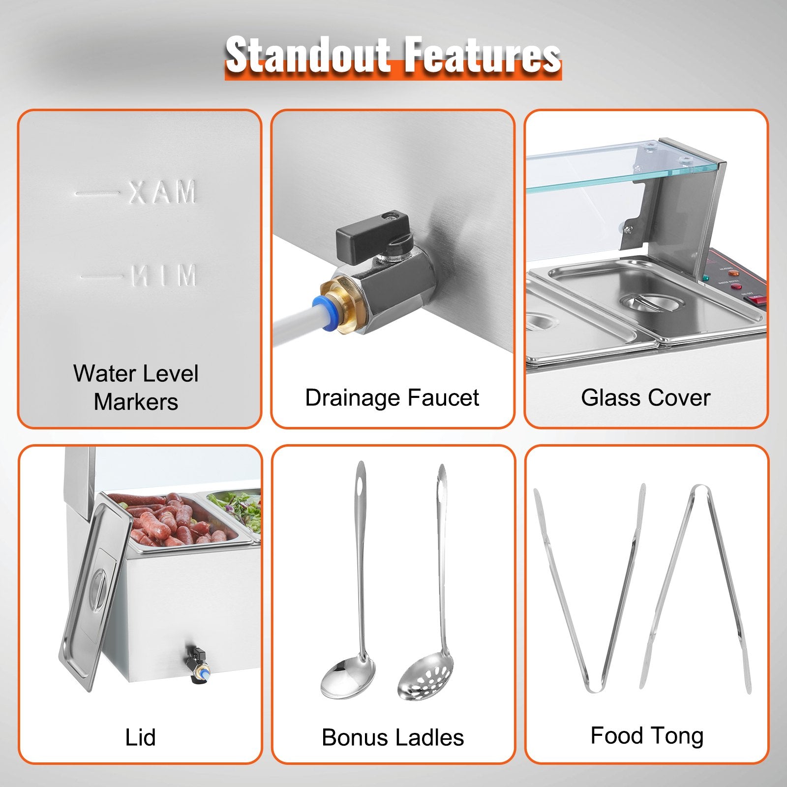 Food Warmers & Chafing Dishes: VEVOR Commercial Electric Food Warmer Countertop Buffet 6*5Qt with Glass Shield