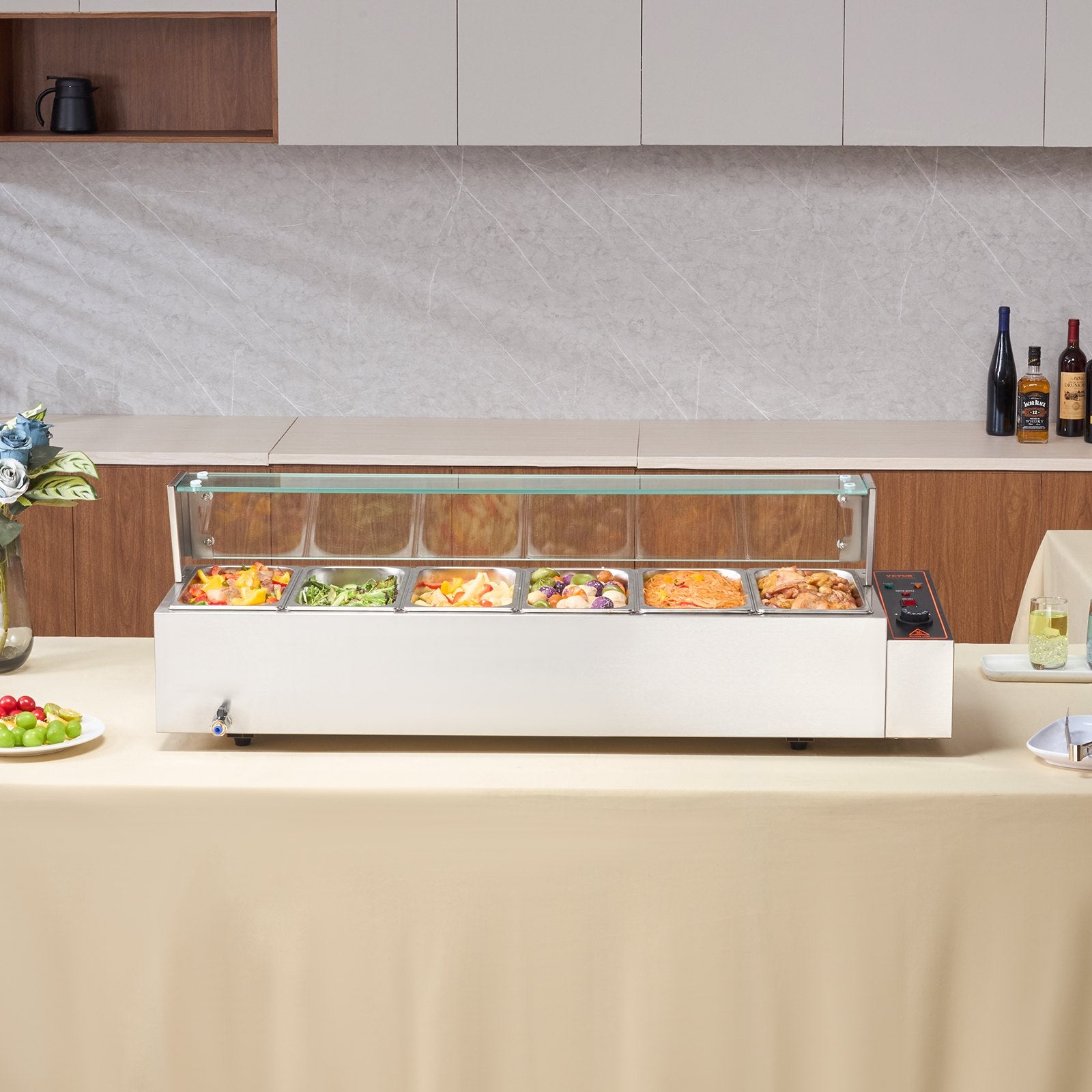 Food Warmers & Chafing Dishes: VEVOR Commercial Electric Food Warmer Countertop Buffet 6*5Qt with Glass Shield