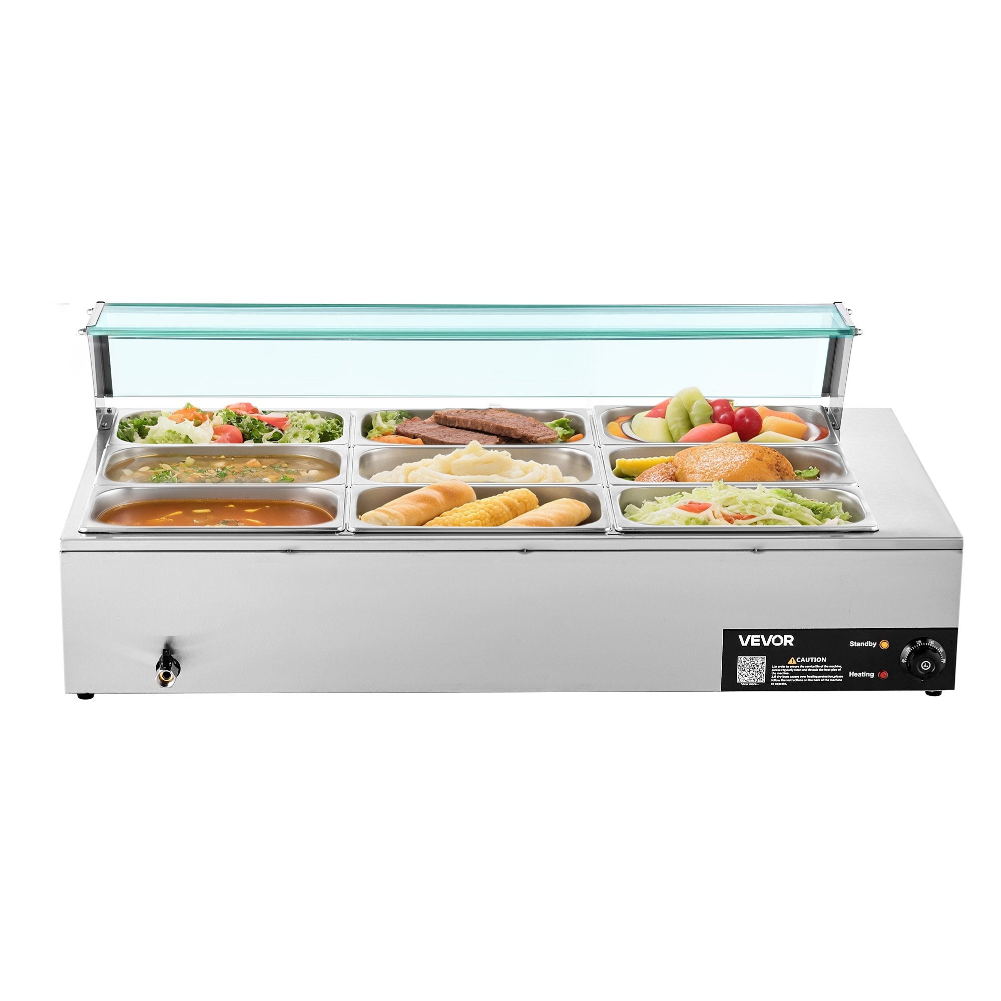 Food Warmers & Chafing Dishes: VEVOR Commercial Food Warmer, 1500W Electric Stainless Steel Steam Food Warmer with Glass Cover, 9-Pan Countertop Buffet Bain Marie with Soup & Perforated Ladles, for Catering, Restaurant & Party