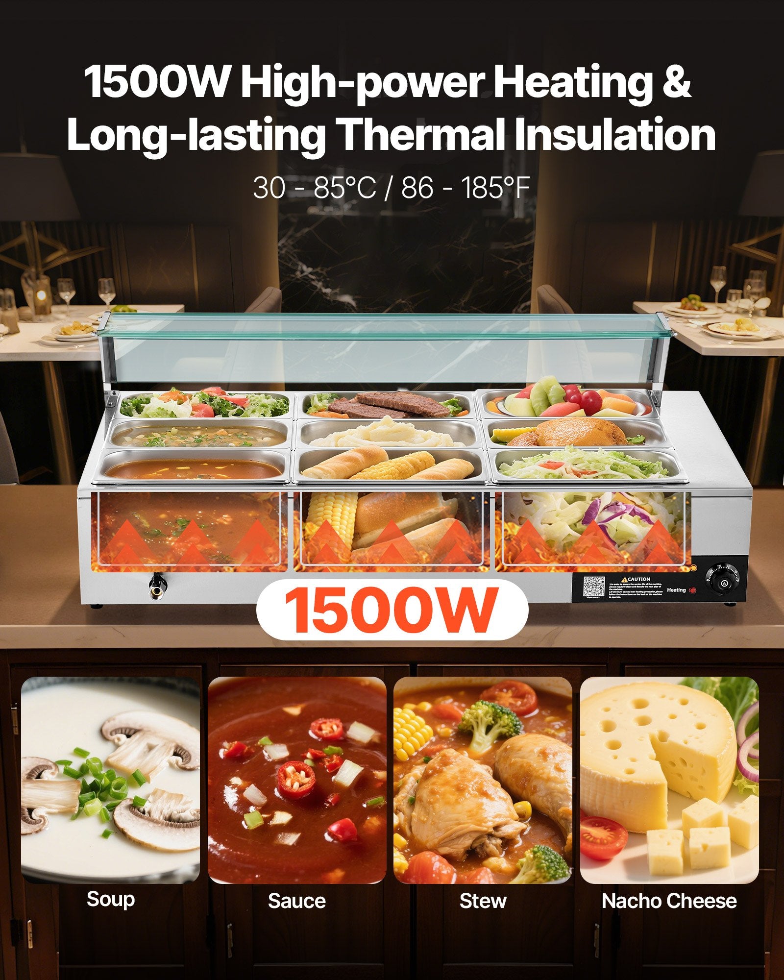 Food Warmers & Chafing Dishes: VEVOR Commercial Food Warmer, 1500W Electric Stainless Steel Steam Food Warmer with Glass Cover, 9-Pan Countertop Buffet Bain Marie with Soup & Perforated Ladles, for Catering, Restaurant & Party