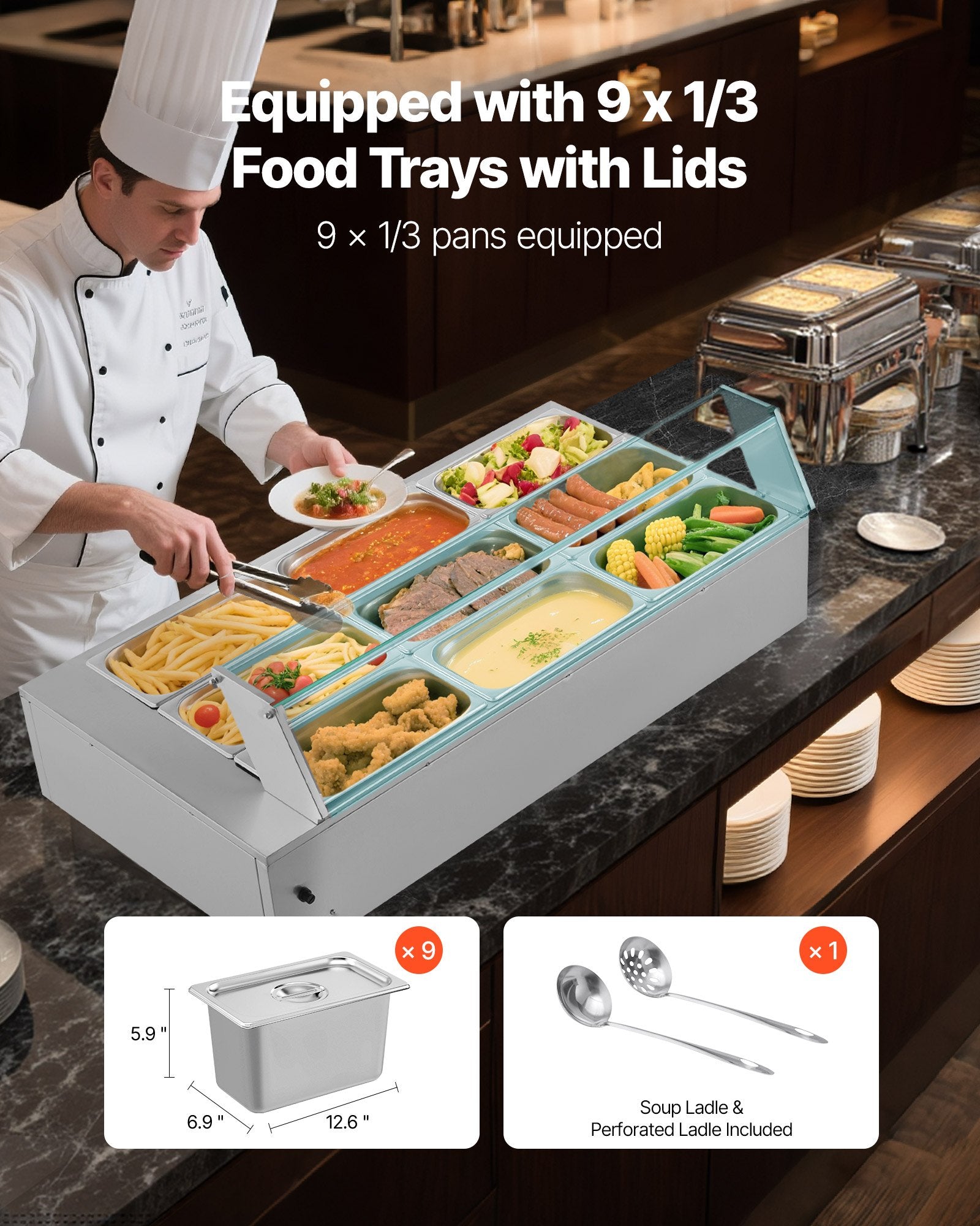 Food Warmers & Chafing Dishes: VEVOR Commercial Food Warmer, 1500W Electric Stainless Steel Steam Food Warmer with Glass Cover, 9-Pan Countertop Buffet Bain Marie with Soup & Perforated Ladles, for Catering, Restaurant & Party