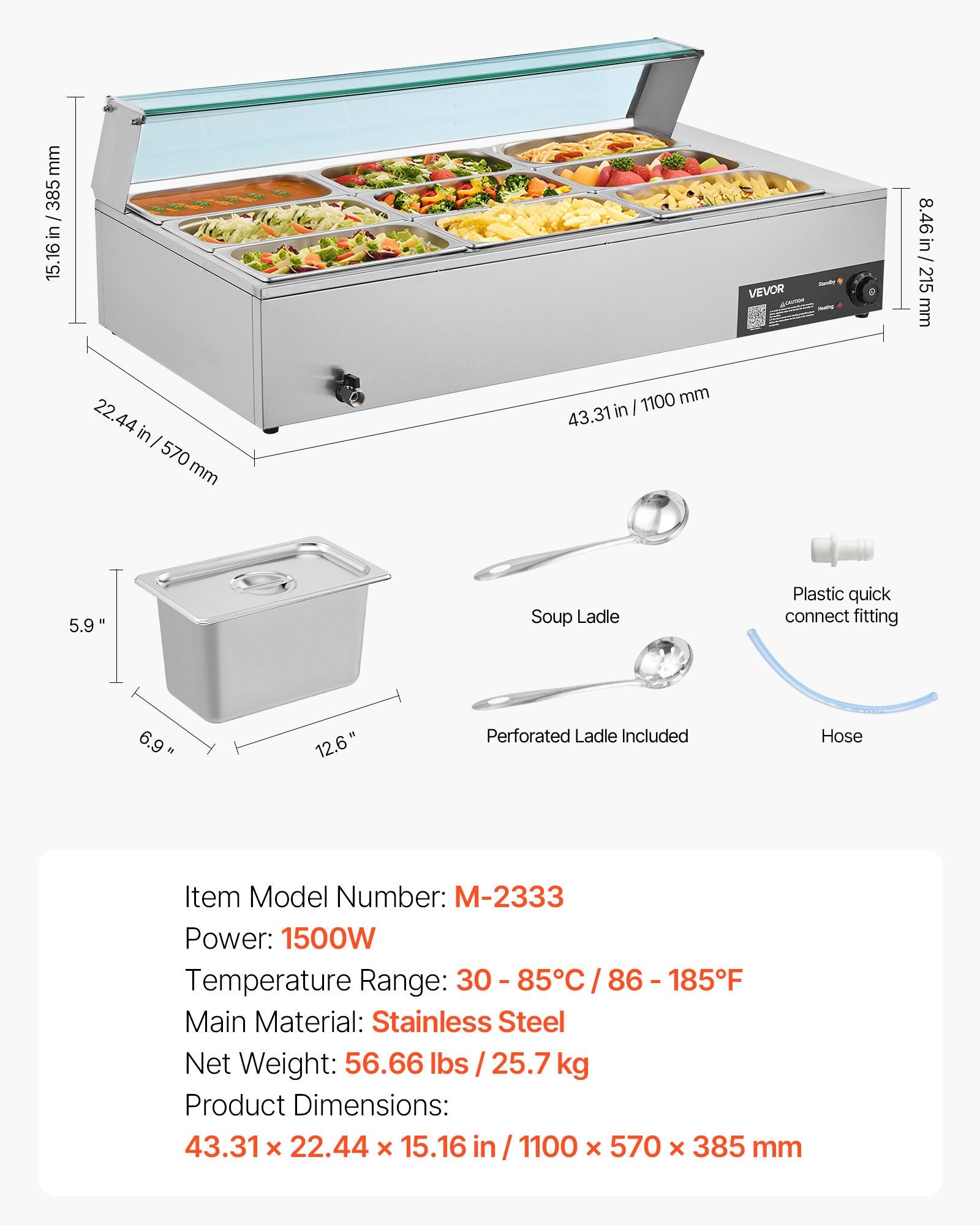 Food Warmers & Chafing Dishes: VEVOR Commercial Food Warmer, 1500W Electric Stainless Steel Steam Food Warmer with Glass Cover, 9-Pan Countertop Buffet Bain Marie with Soup & Perforated Ladles, for Catering, Restaurant & Party