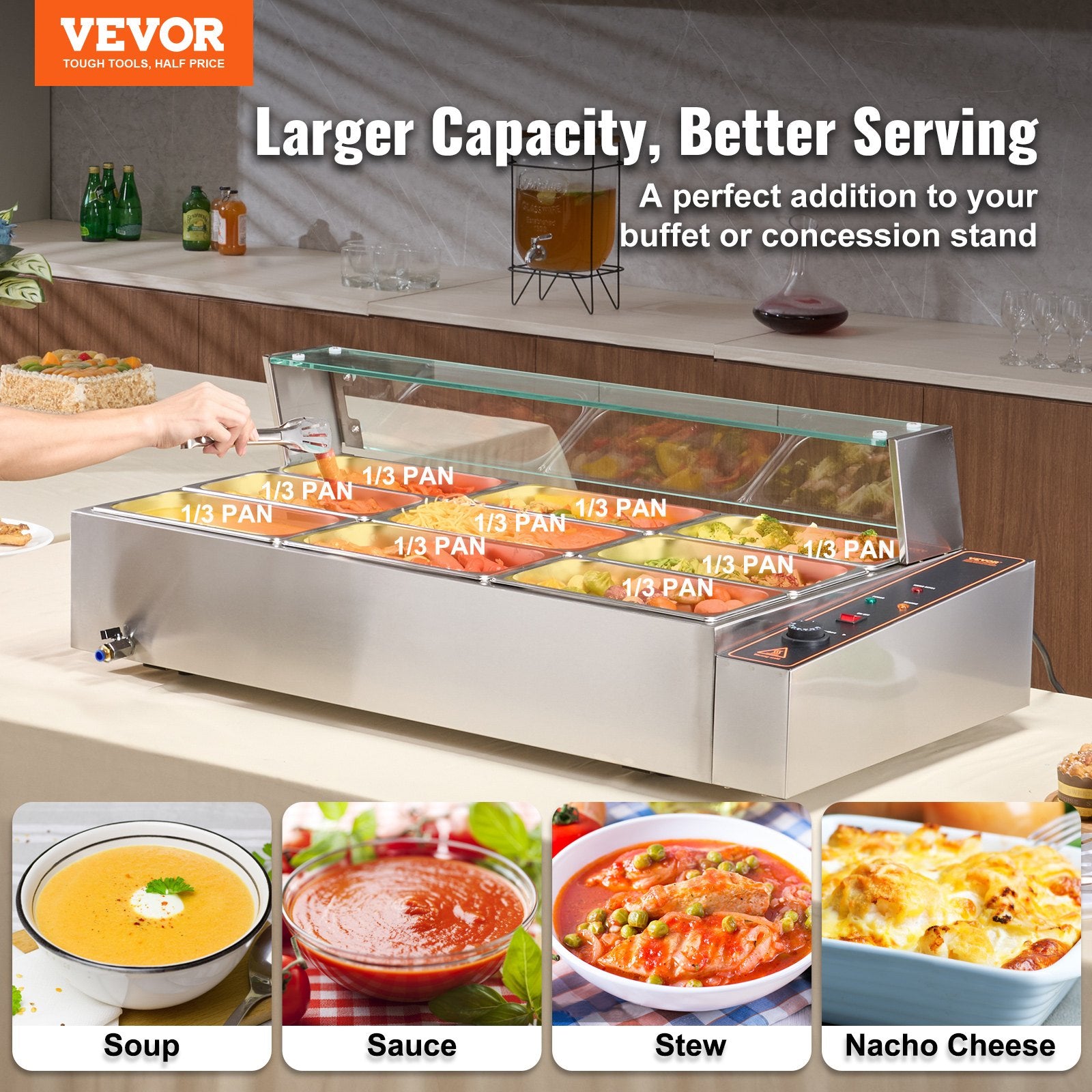 Food Warmers & Chafing Dishes: VEVOR Commercial Electric Food Warmer Countertop Buffet 9*5Qt with Glass Shield