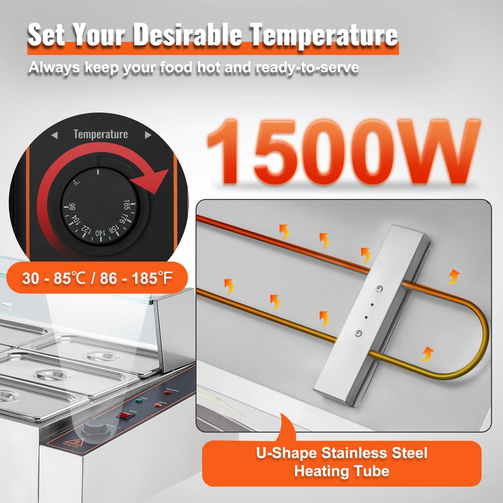 Food Warmers & Chafing Dishes: VEVOR Commercial Electric Food Warmer Countertop Buffet 9*5Qt with Glass Shield