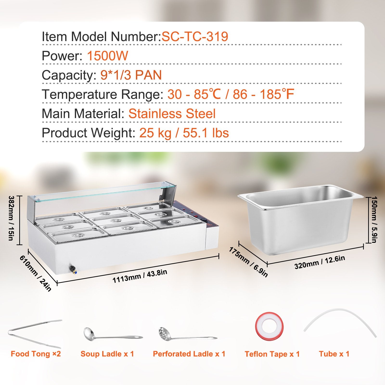 Food Warmers & Chafing Dishes: VEVOR Commercial Electric Food Warmer Countertop Buffet 9*5Qt with Glass Shield