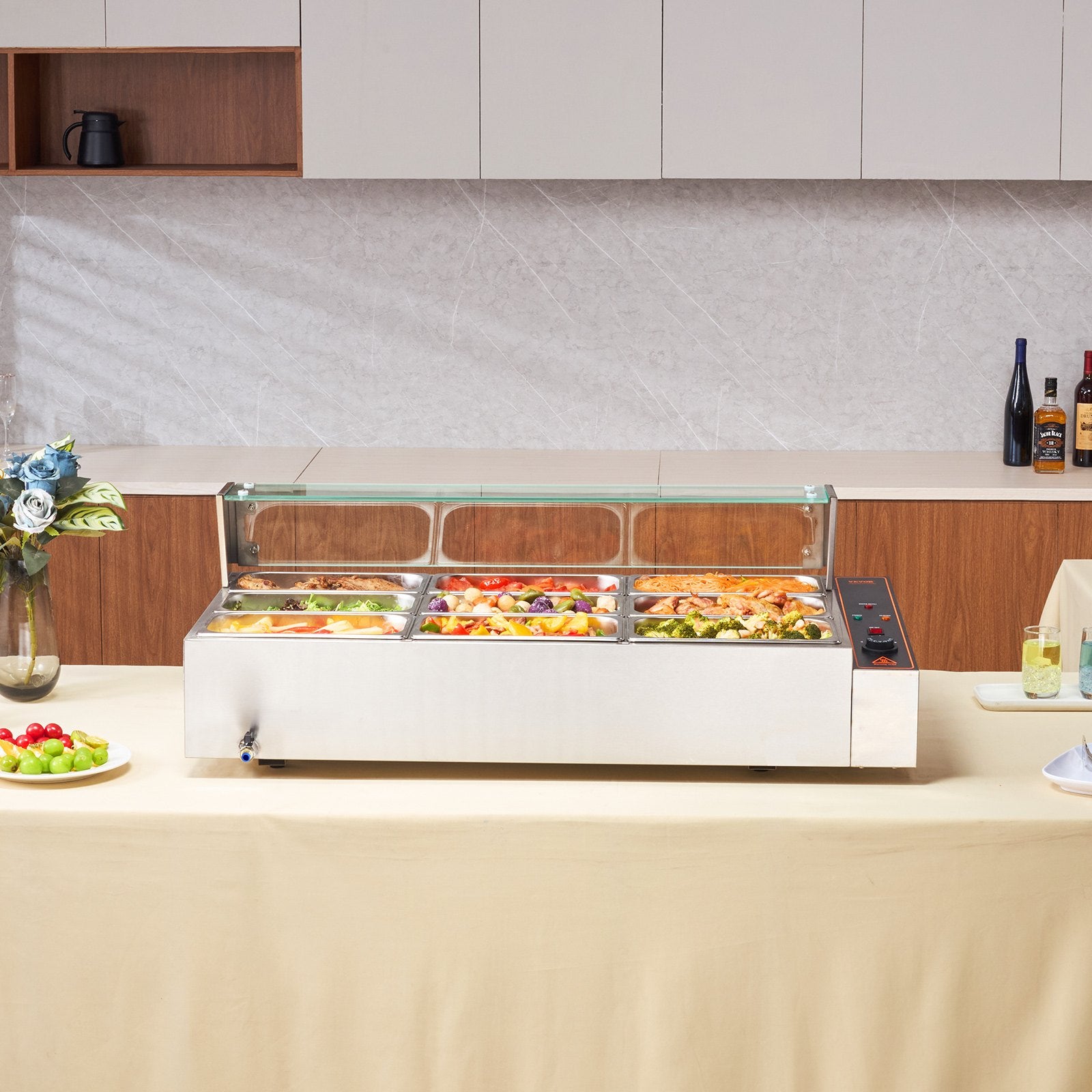 Food Warmers & Chafing Dishes: VEVOR Commercial Electric Food Warmer Countertop Buffet 9*5Qt with Glass Shield