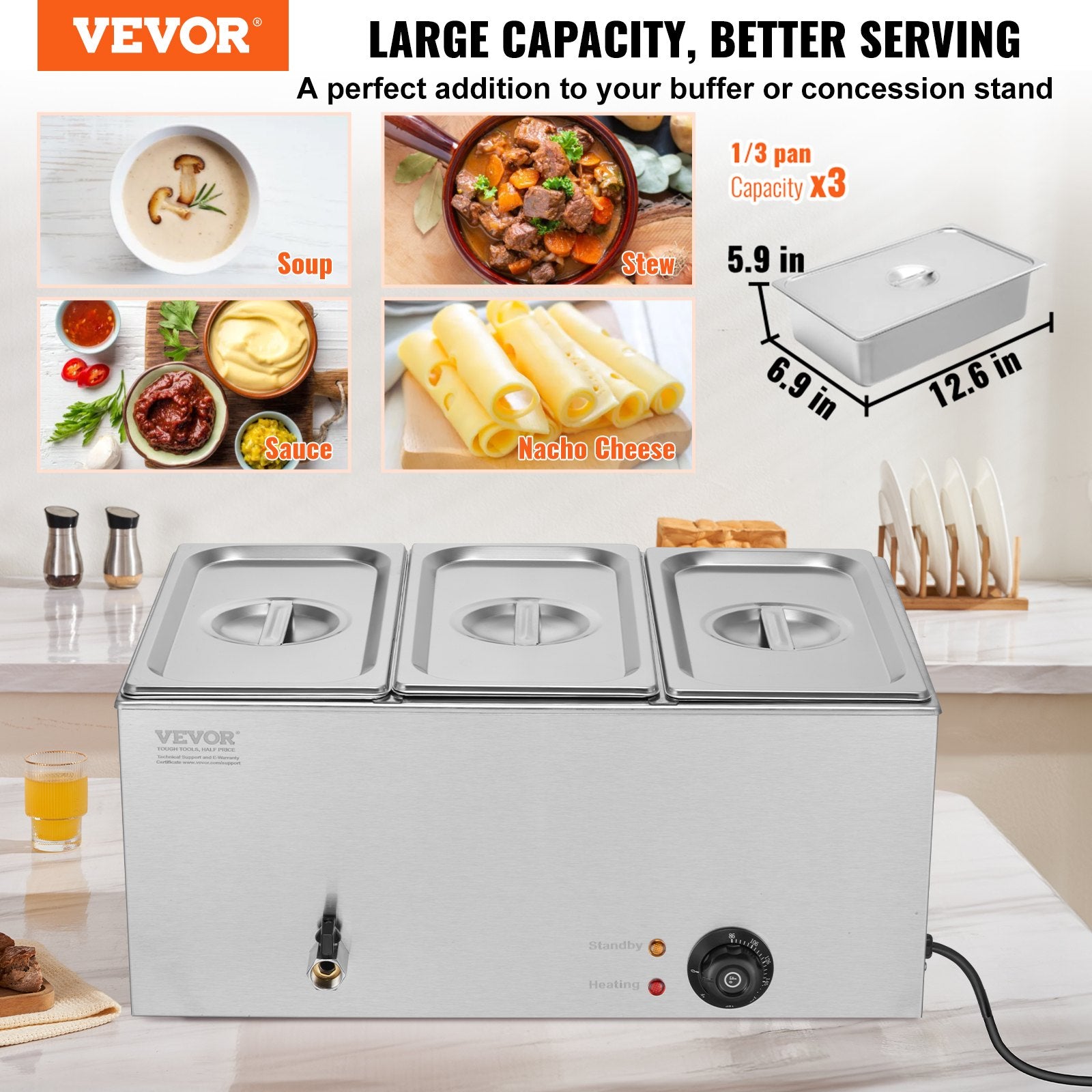 Food Warmers & Chafing Dishes: VEVOR 3-Pan Commercial Food Warmer, 16.5L Electric Steam Table, 1200W Professional Countertop Stainless Steel Buffet Bain Marie with 30 - 85℃ Temp Control for Catering and Restaurants, Silver