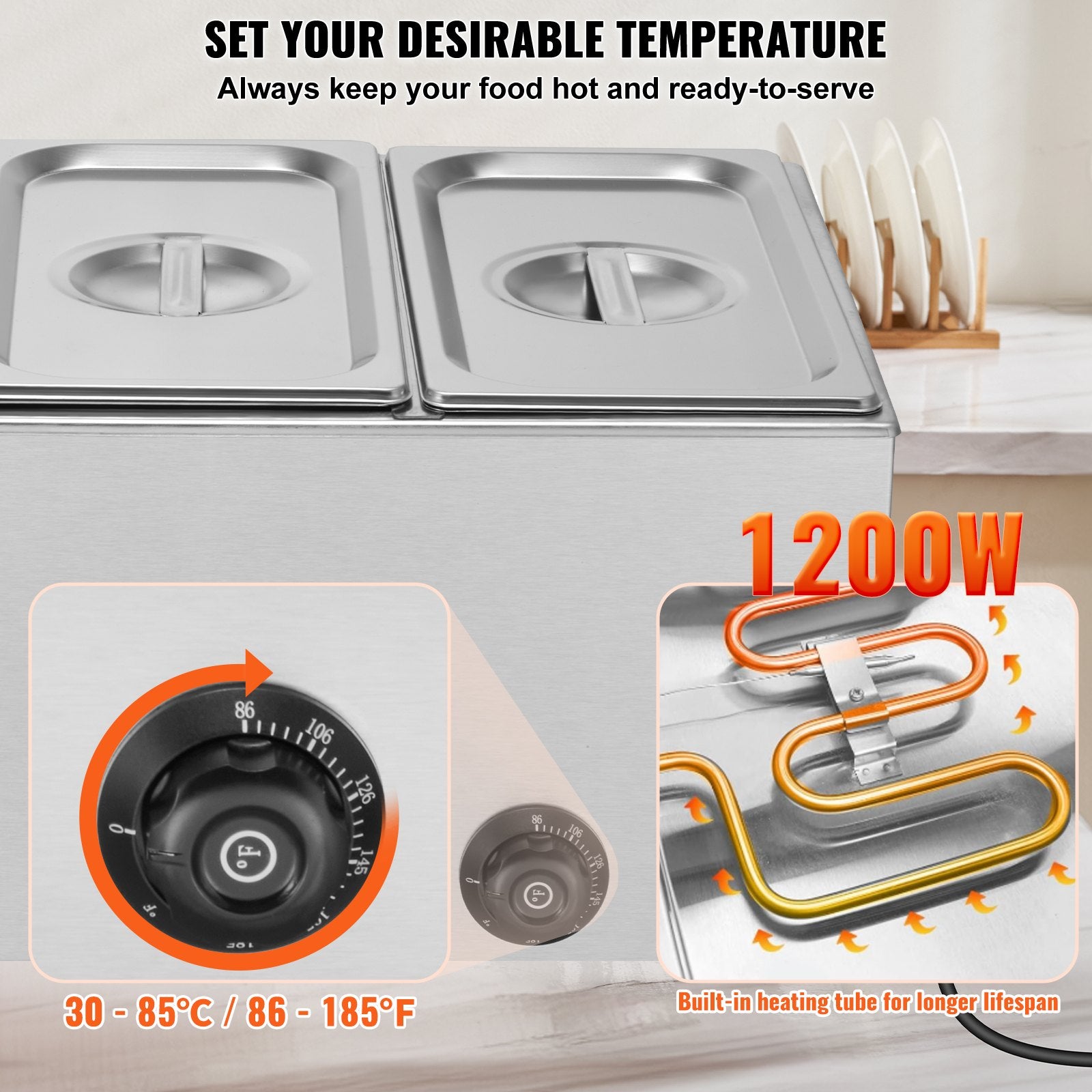 Food Warmers & Chafing Dishes: VEVOR 3-Pan Commercial Food Warmer, 16.5L Electric Steam Table, 1200W Professional Countertop Stainless Steel Buffet Bain Marie with 30 - 85℃ Temp Control for Catering and Restaurants, Silver