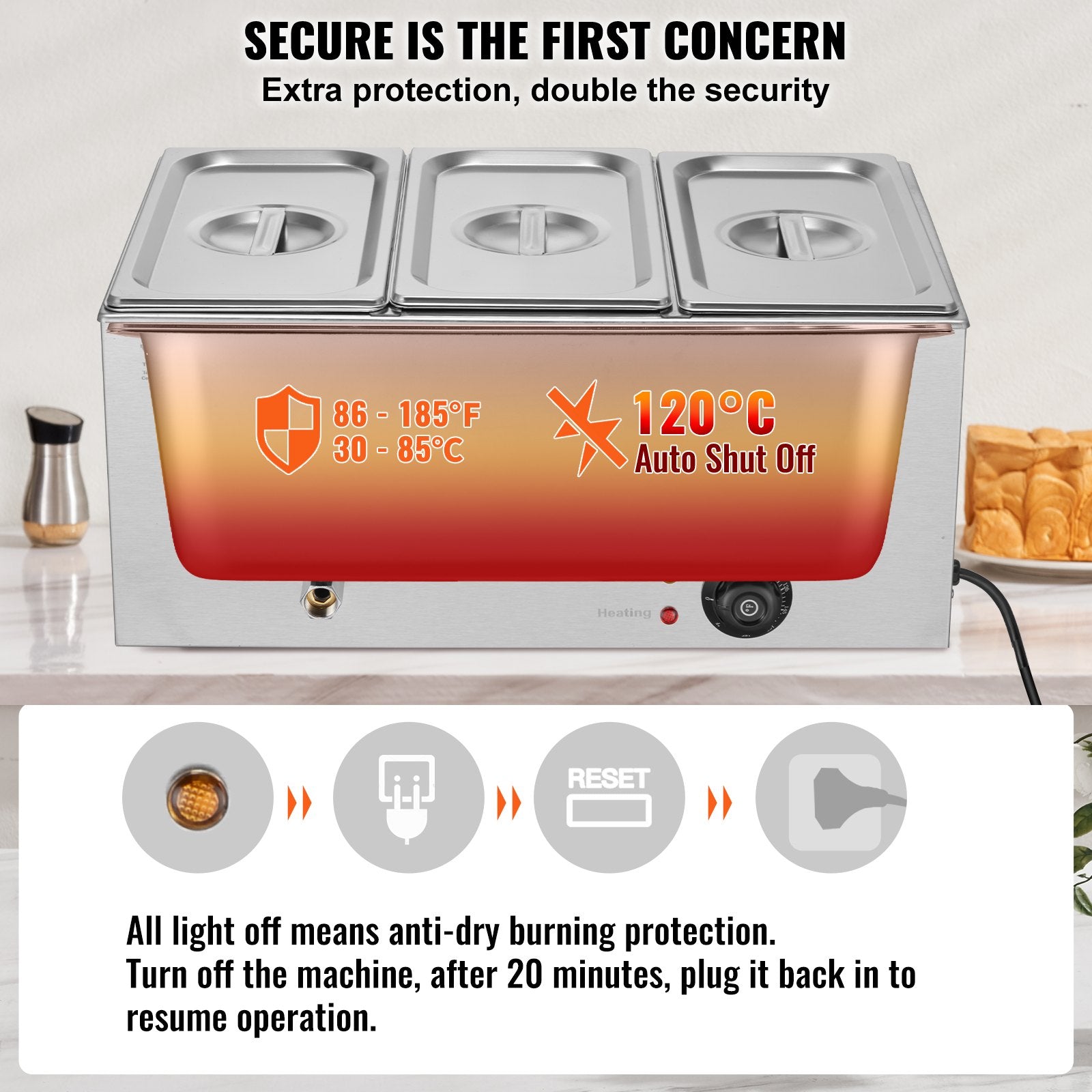 Food Warmers & Chafing Dishes: VEVOR 3-Pan Commercial Food Warmer, 16.5L Electric Steam Table, 1200W Professional Countertop Stainless Steel Buffet Bain Marie with 30 - 85℃ Temp Control for Catering and Restaurants, Silver