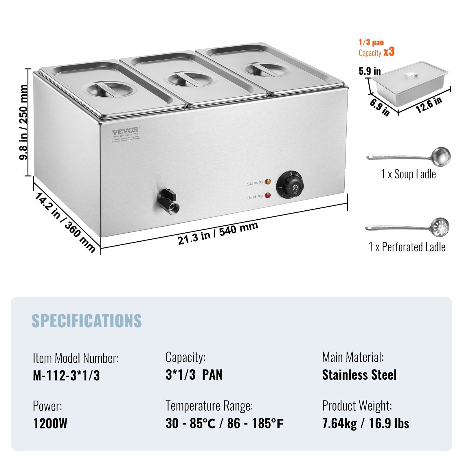 Food Warmers & Chafing Dishes: VEVOR 3-Pan Commercial Food Warmer, 16.5L Electric Steam Table, 1200W Professional Countertop Stainless Steel Buffet Bain Marie with 30 - 85℃ Temp Control for Catering and Restaurants, Silver