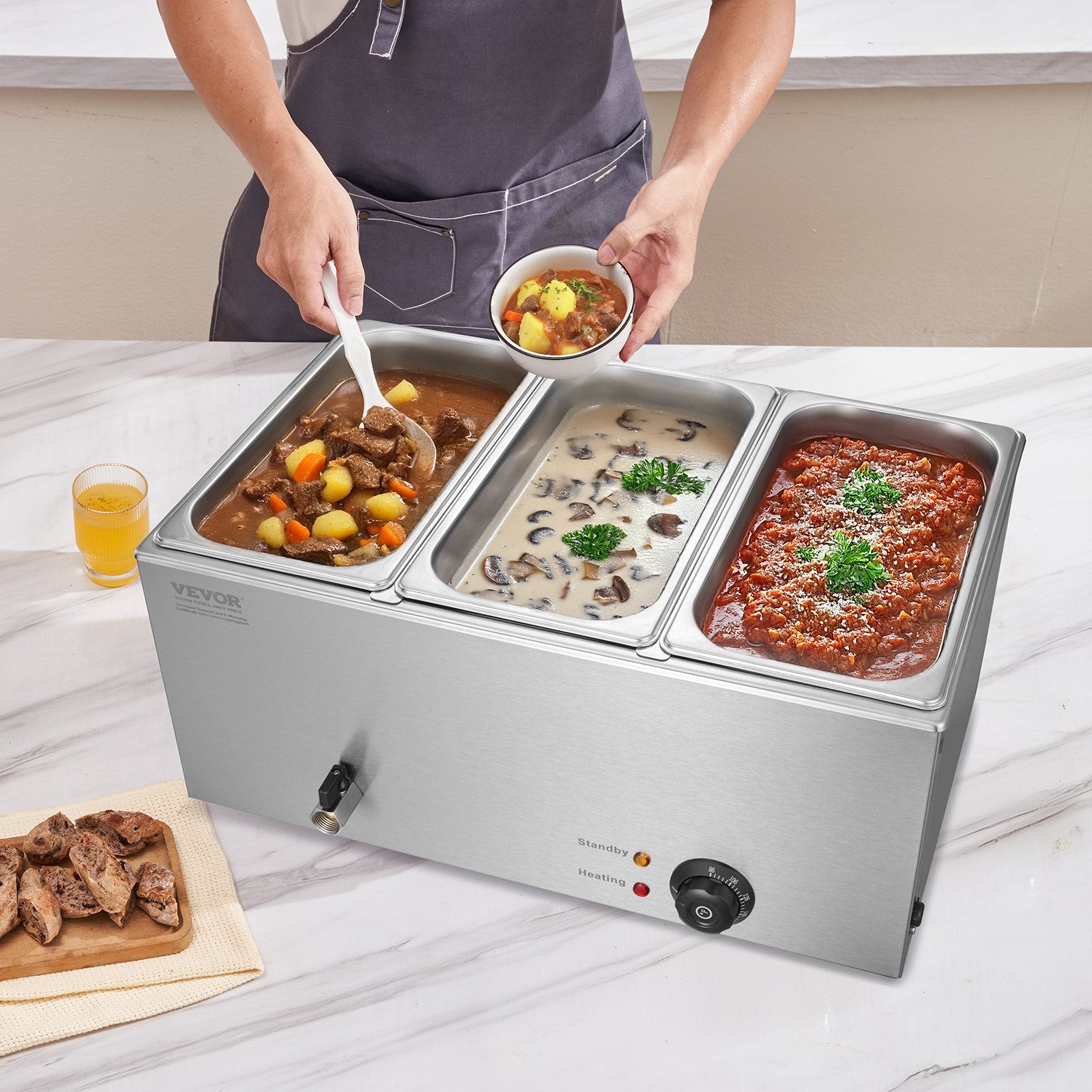 Food Warmers & Chafing Dishes: VEVOR 3-Pan Commercial Food Warmer, 16.5L Electric Steam Table, 1200W Professional Countertop Stainless Steel Buffet Bain Marie with 30 - 85℃ Temp Control for Catering and Restaurants, Silver