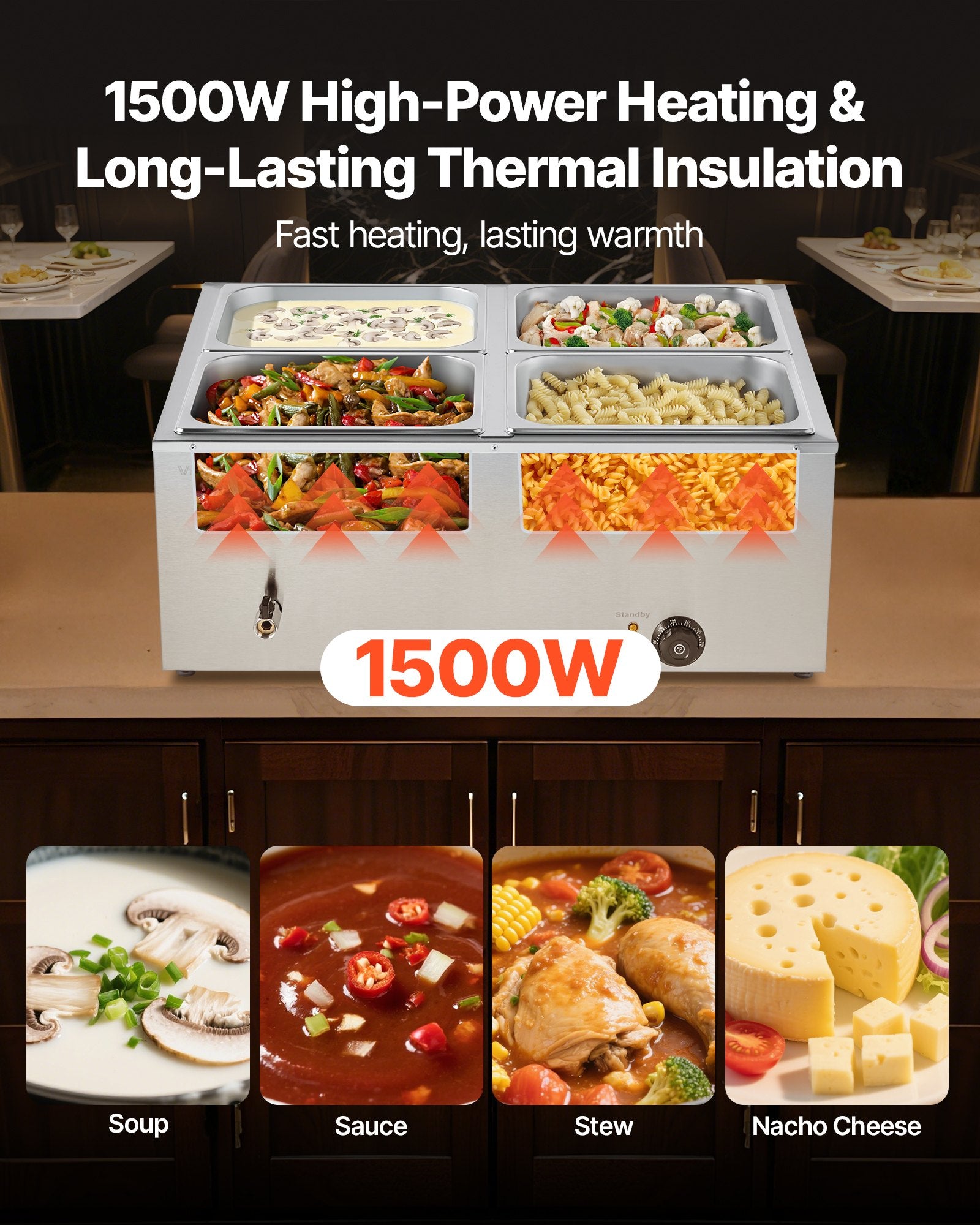 Food Warmers & Chafing Dishes: VEVOR Commercial Food Warmer, 1500W Electric Stainless Steel Steam Food Warmer with Lid, 4-Pan Fast Heating Countertop Buffet Bain Marie with Soup & Perforated Ladles, for Catering, Restaurant, Party