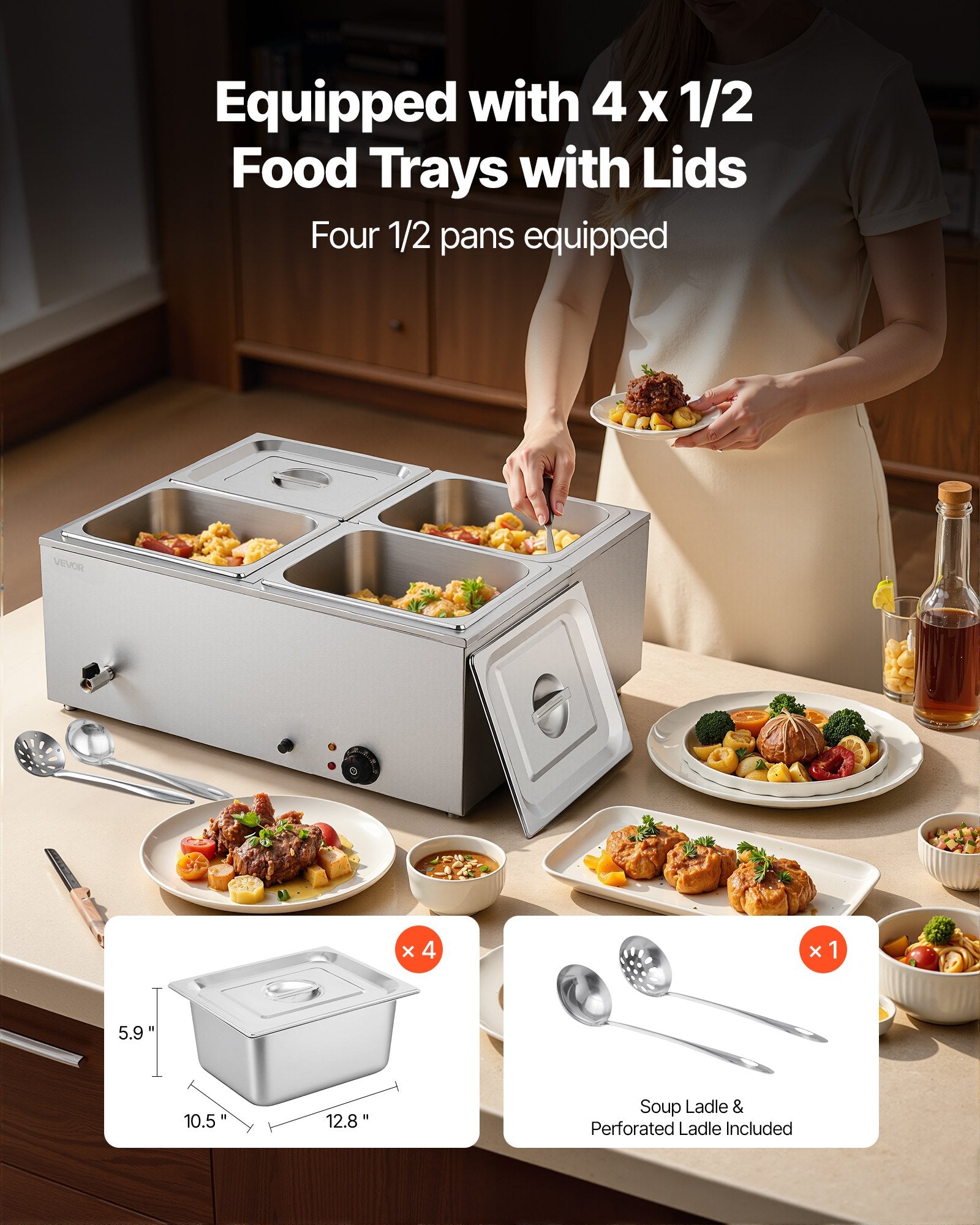 Food Warmers & Chafing Dishes: VEVOR Commercial Food Warmer, 1500W Electric Stainless Steel Steam Food Warmer with Lid, 4-Pan Fast Heating Countertop Buffet Bain Marie with Soup & Perforated Ladles, for Catering, Restaurant, Party