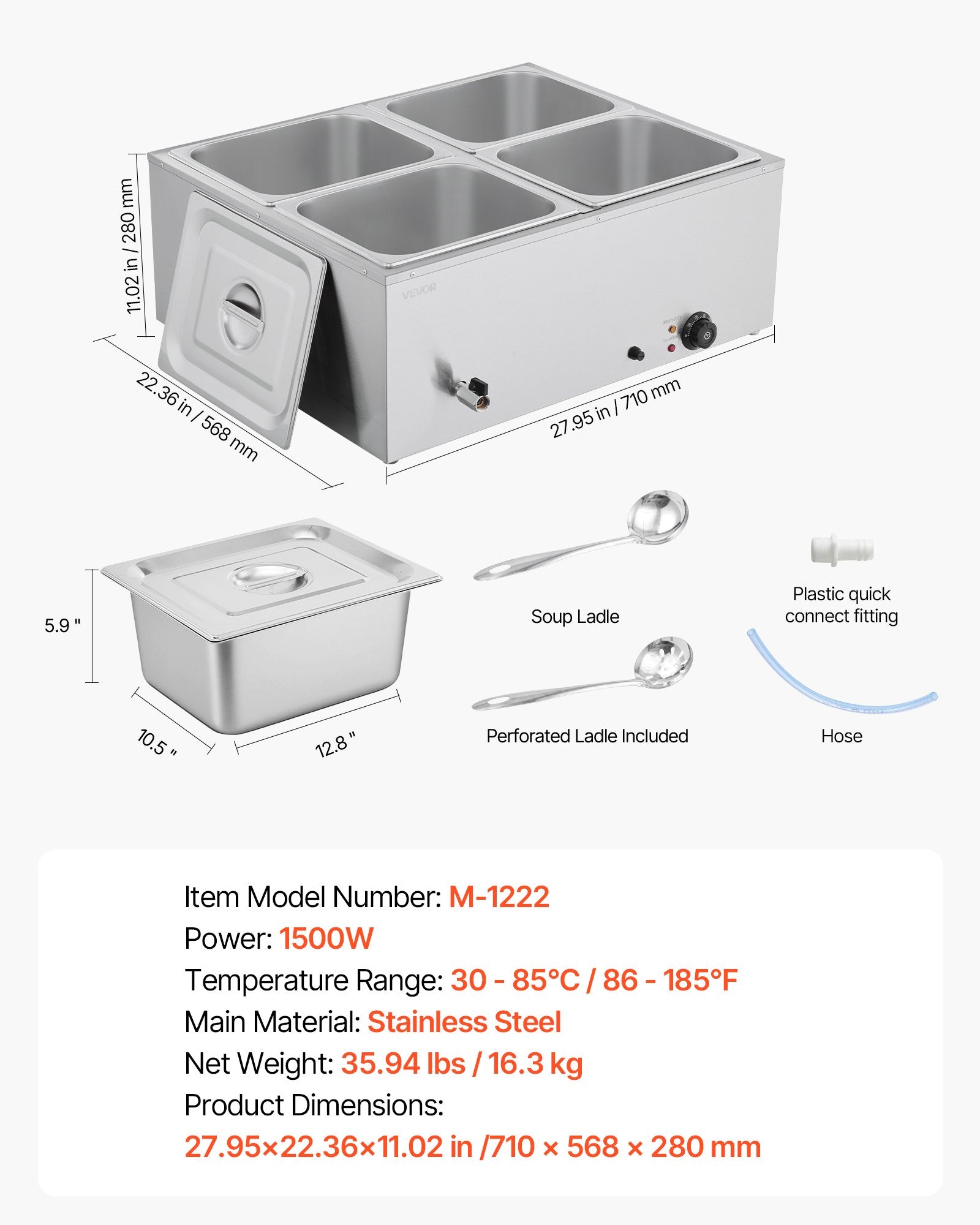 Food Warmers & Chafing Dishes: VEVOR Commercial Food Warmer, 1500W Electric Stainless Steel Steam Food Warmer with Lid, 4-Pan Fast Heating Countertop Buffet Bain Marie with Soup & Perforated Ladles, for Catering, Restaurant, Party