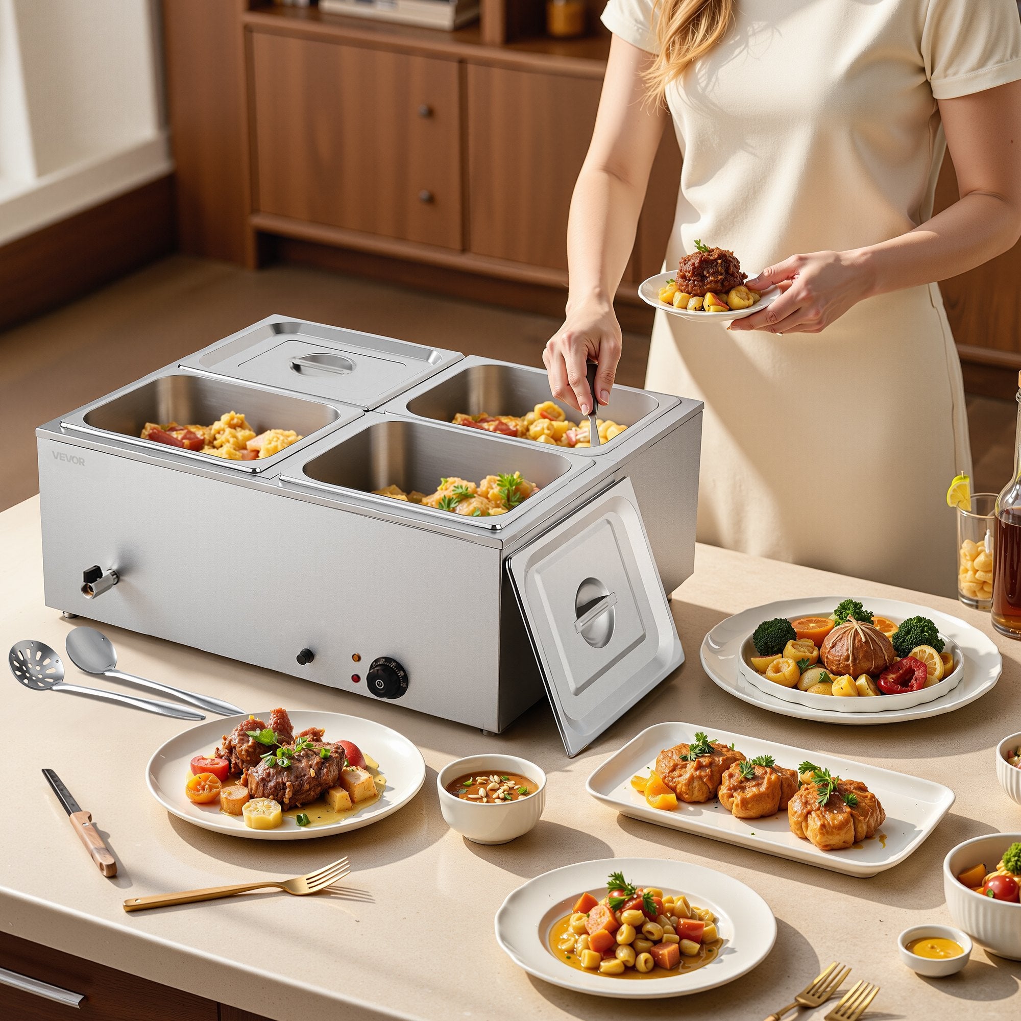Food Warmers & Chafing Dishes: VEVOR Commercial Food Warmer, 1500W Electric Stainless Steel Steam Food Warmer with Lid, 4-Pan Fast Heating Countertop Buffet Bain Marie with Soup & Perforated Ladles, for Catering, Restaurant, Party