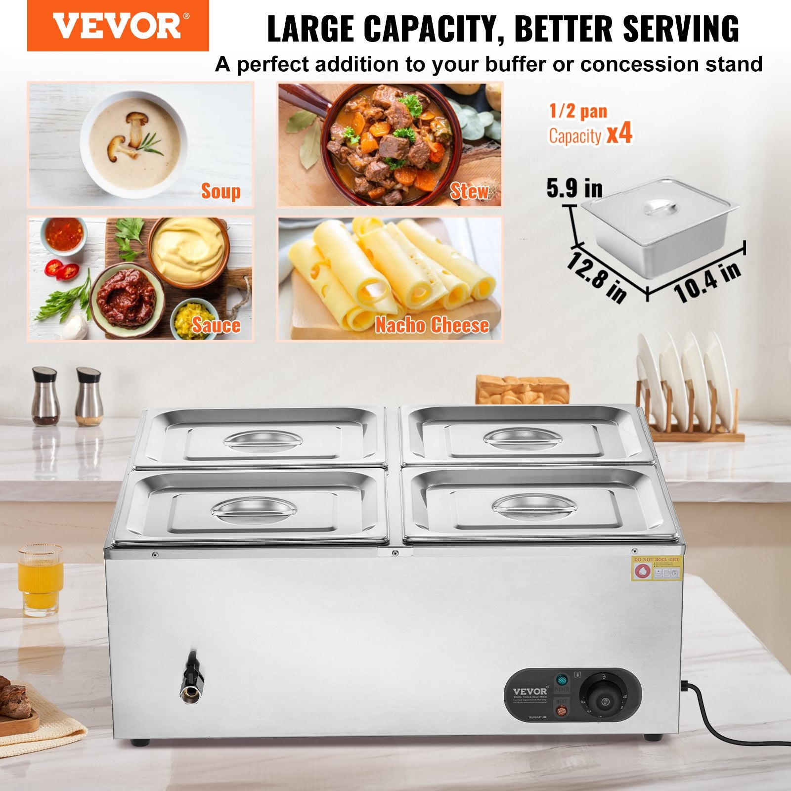 Food Warmers & Chafing Dishes: VEVOR Commercial Electric Food Warmer Countertop Buffet 4*8Qt Pan Bain Marie