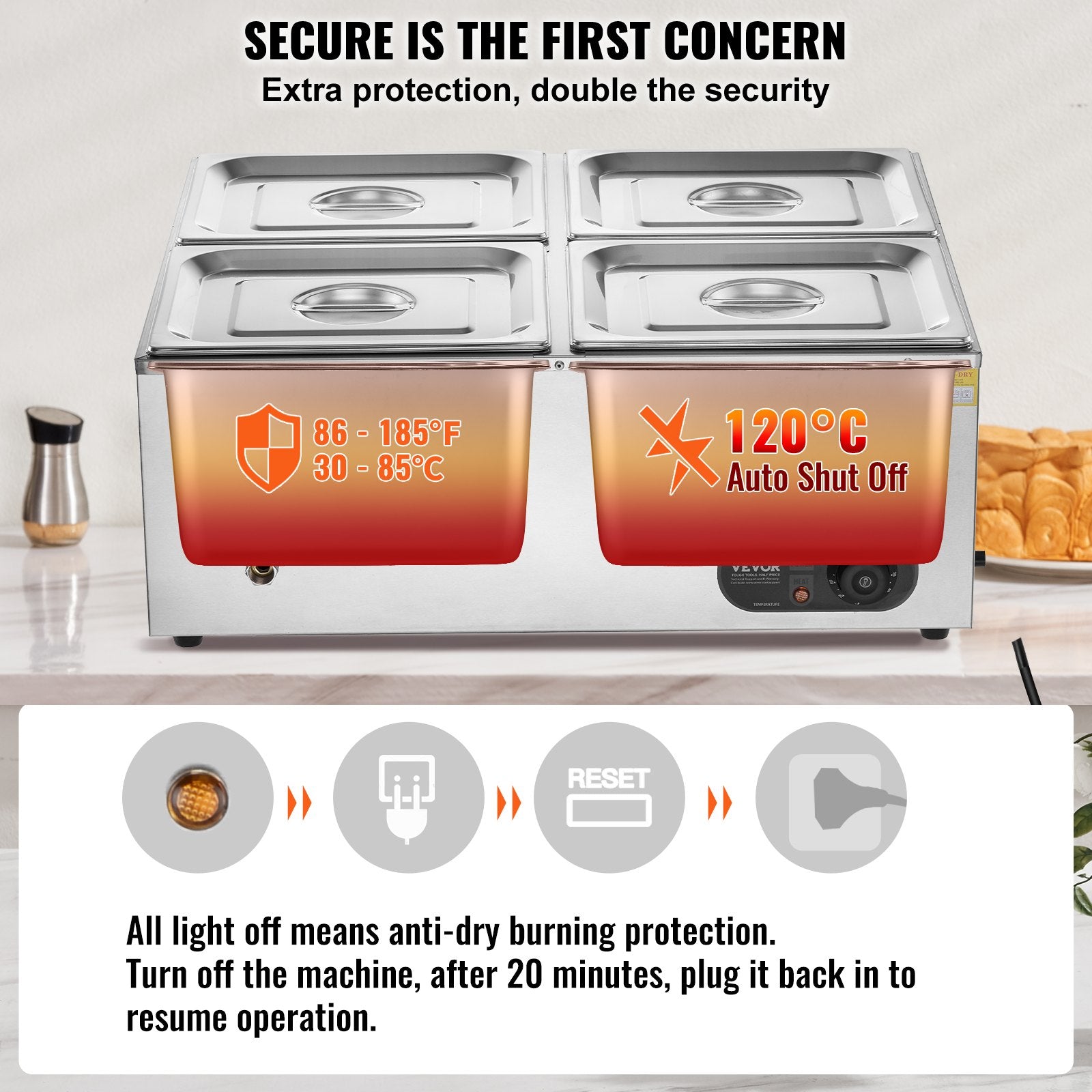 Food Warmers & Chafing Dishes: VEVOR Commercial Electric Food Warmer Countertop Buffet 4*8Qt Pan Bain Marie