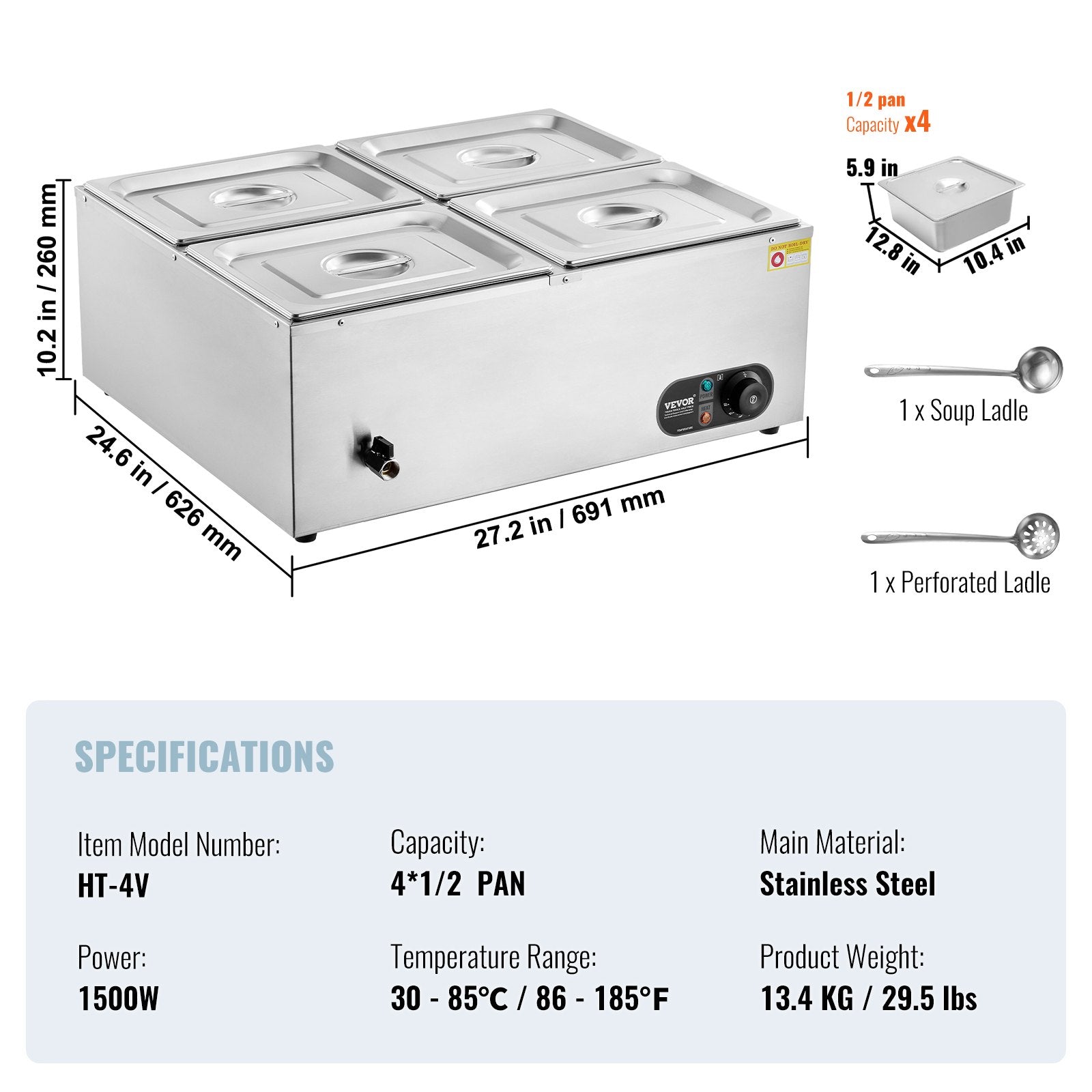 Food Warmers & Chafing Dishes: VEVOR Commercial Electric Food Warmer Countertop Buffet 4*8Qt Pan Bain Marie