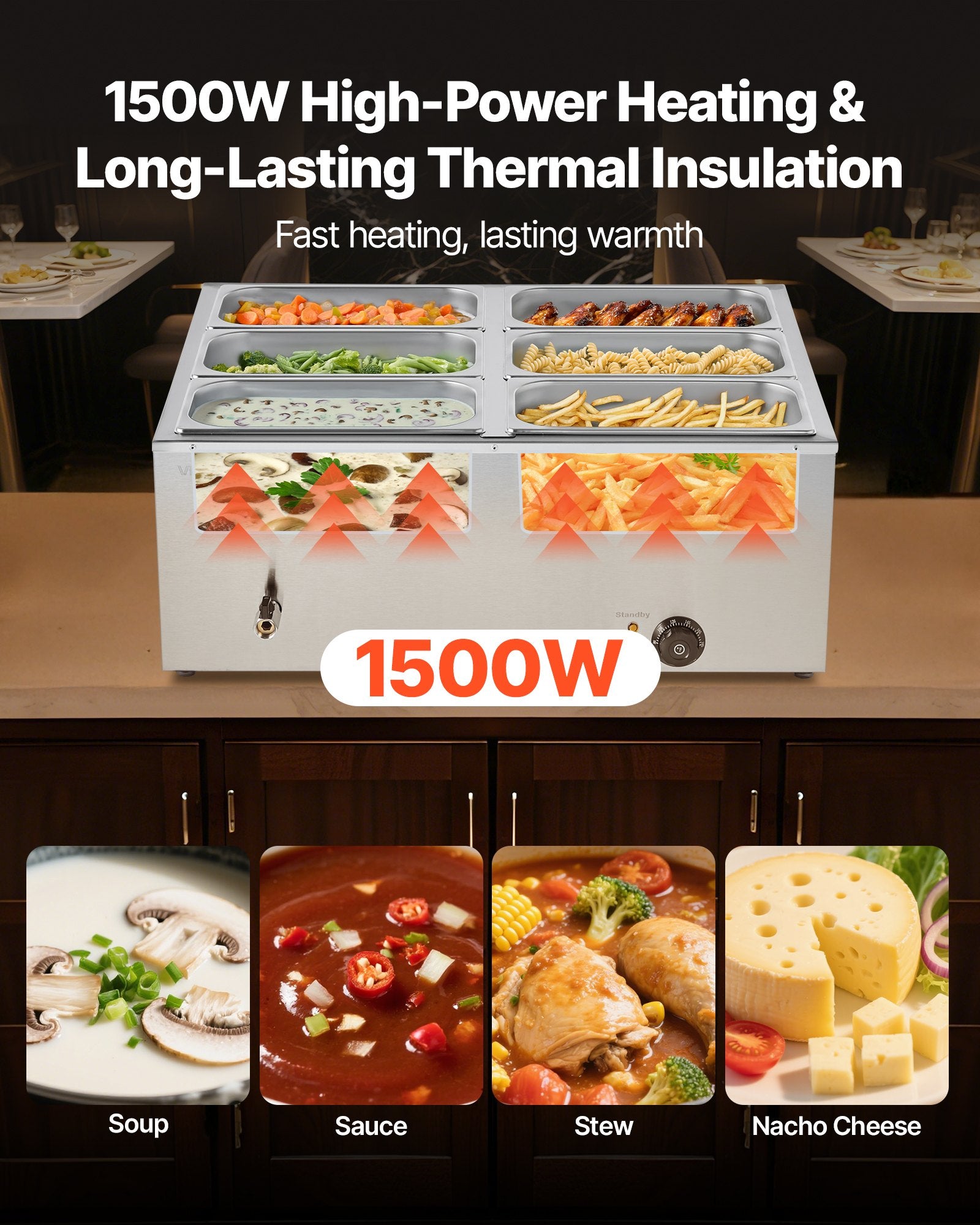 Food Warmers & Chafing Dishes: VEVOR Commercial Food Warmer, 1500W Electric Stainless Steel Steam Food Warmer with Lid, 6-Pan Fast Heating Countertop Buffet Bain Marie with Soup & Perforated Ladles, for Catering, Restaurant, Party